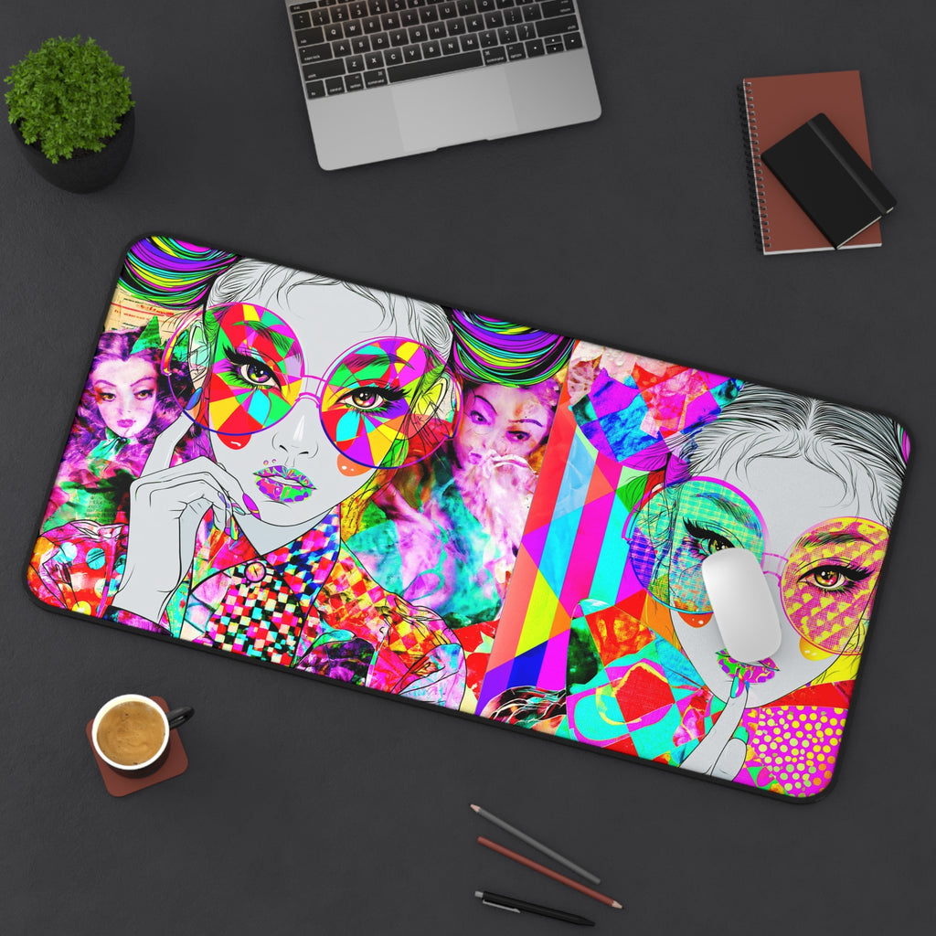 Vibrant Pop-Art Fashion Desk Mat — Colorful Retro Girl Illustration