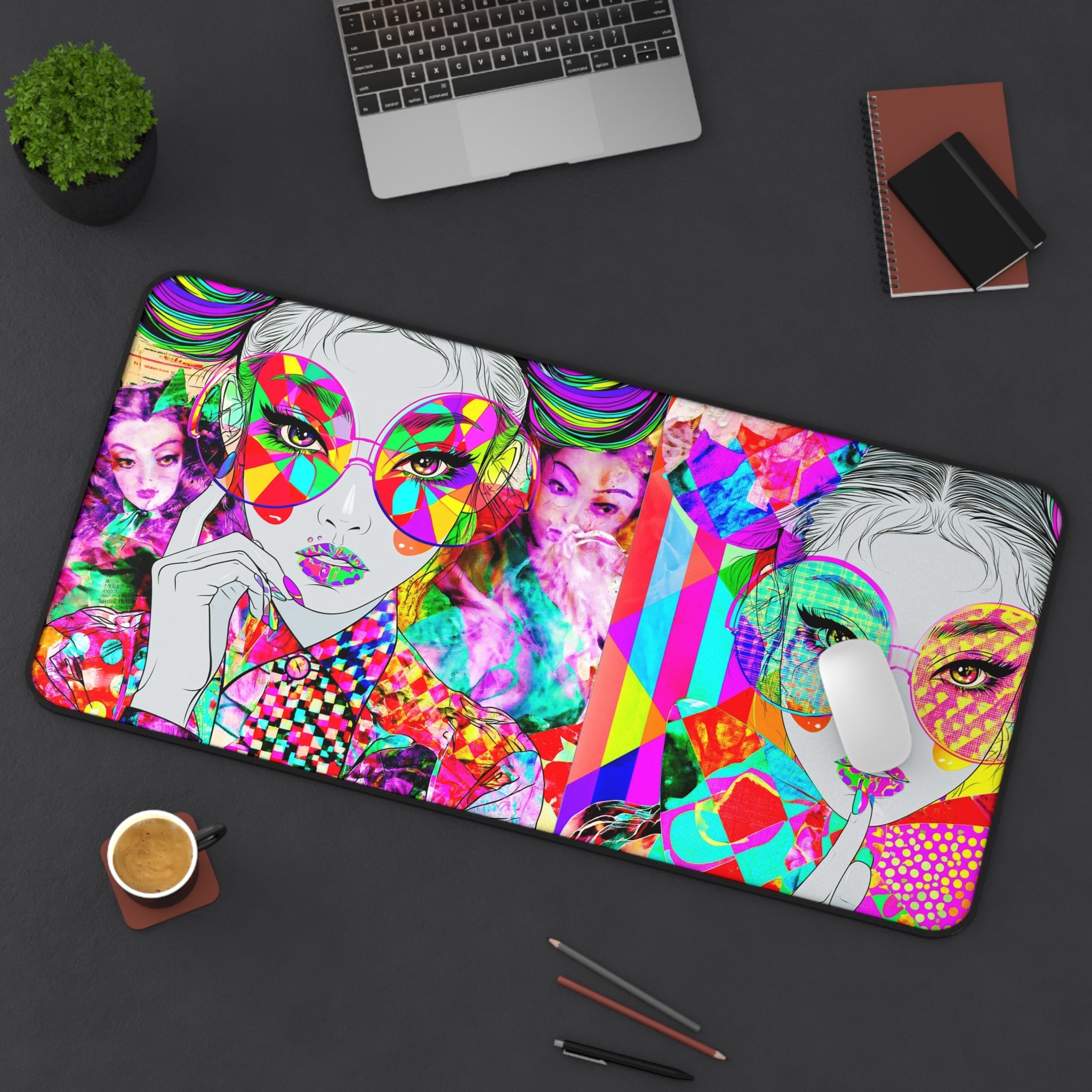 Vibrant Pop-Art Fashion Desk Mat — Colorful Retro Girl Illustration