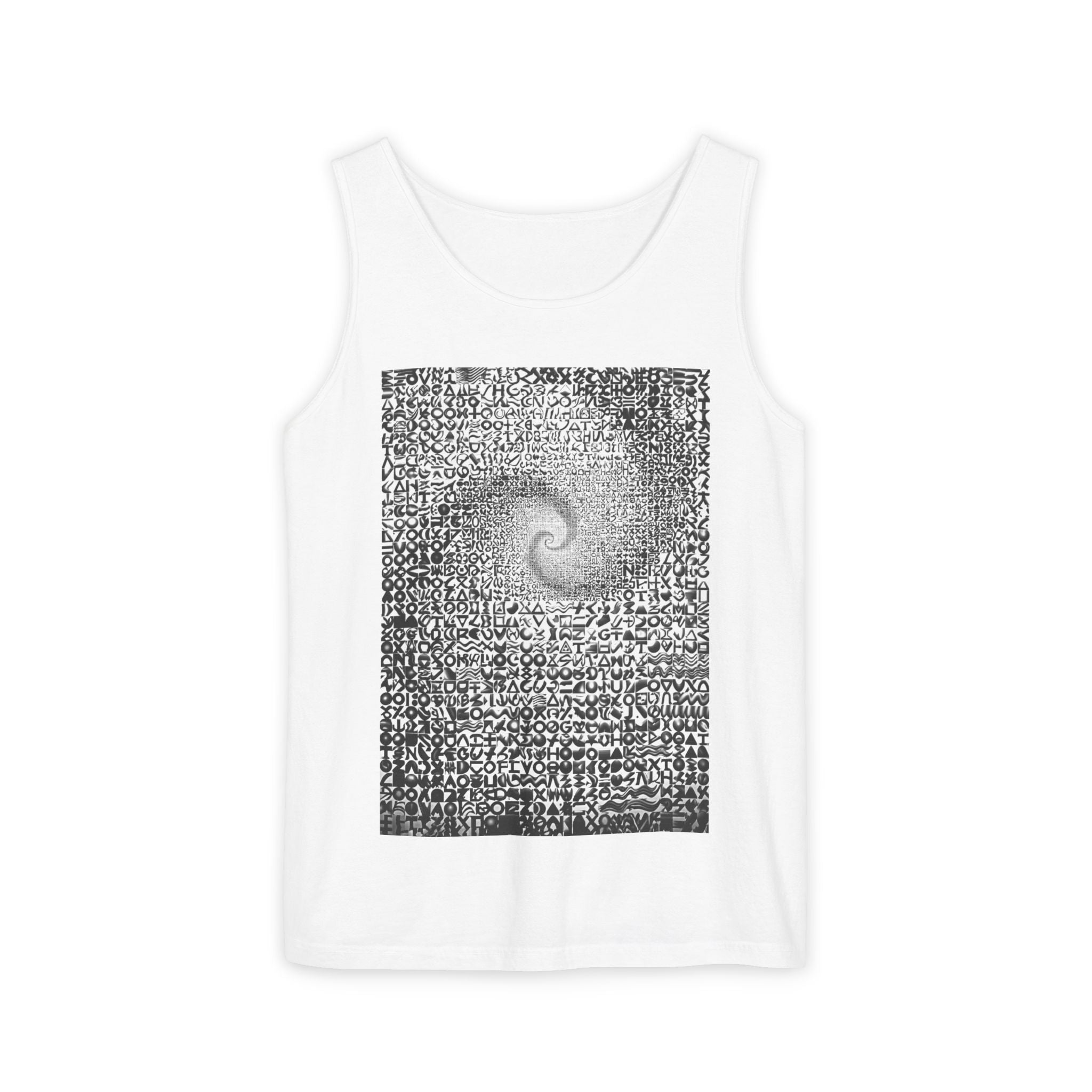 Spiral Text Art Tank Top — Monochrome Optical Typography Tee