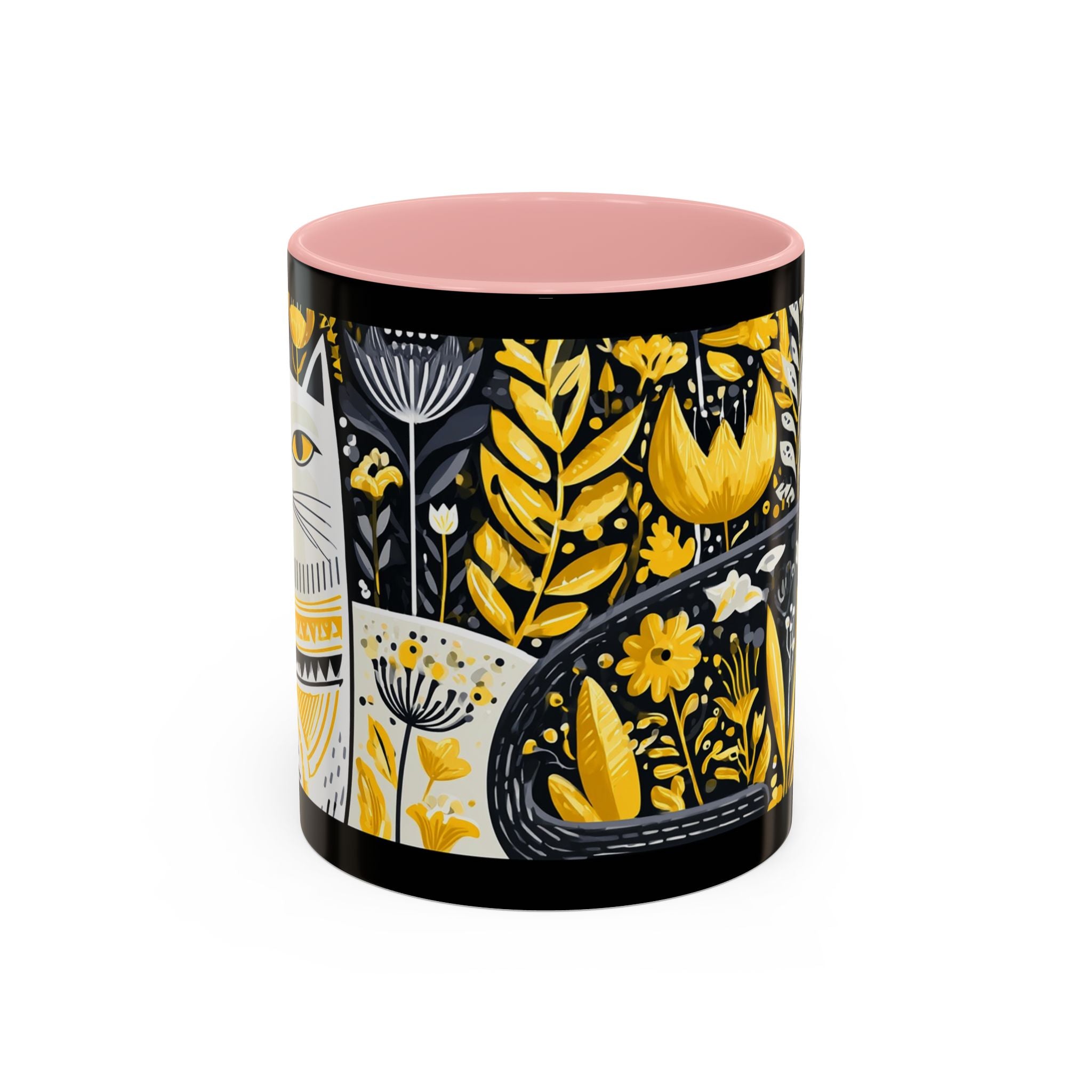 Black & Gold Cat Floral Coffee Mug — Whimsical Botanical Cat Accent Mug (11/15oz)