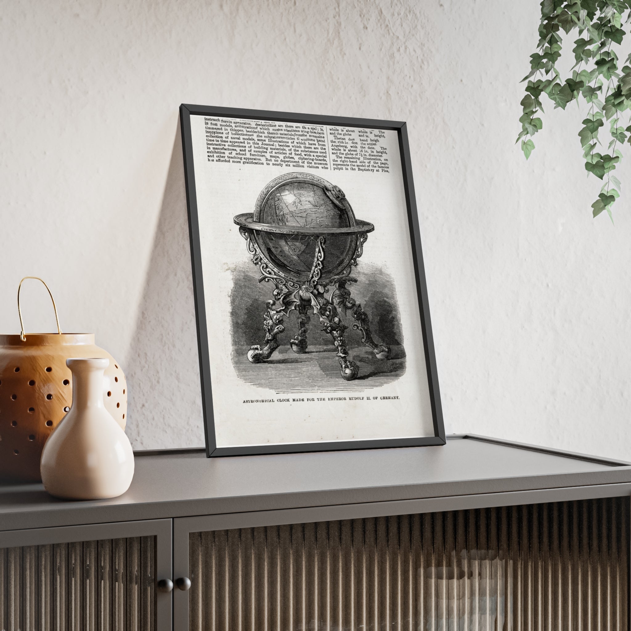 Astronomical Clock made for the Emperor RUDOLPH II, of Germany. Vintage Globe Illustration Poster with Wooden Frame — Antique Map Print