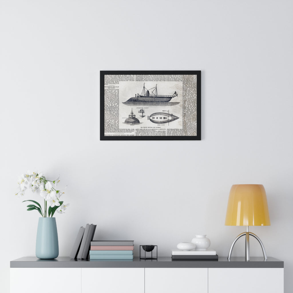 Framed Nautical Patent Poster — Vintage Submarine & Ship Illustration