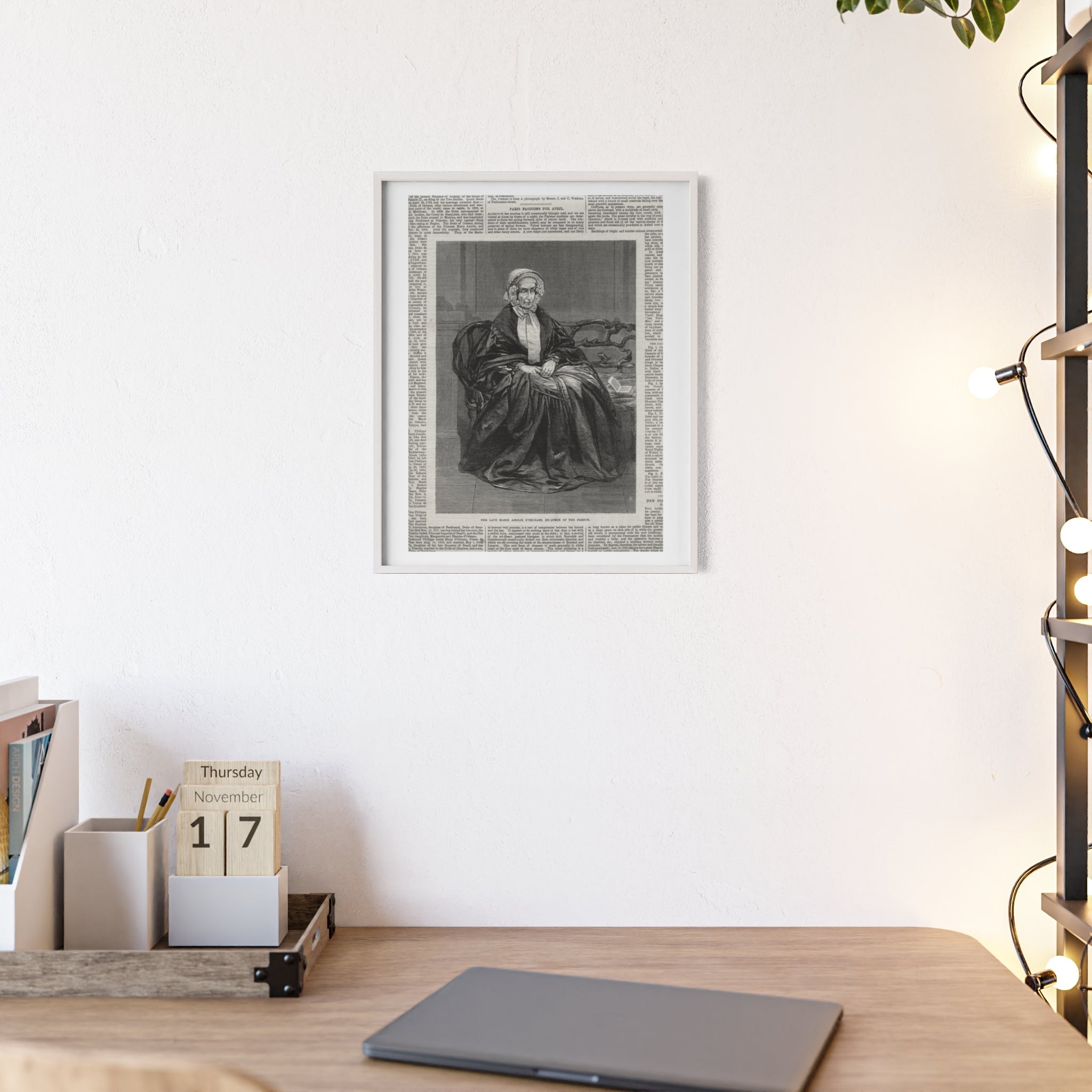 The Late Marie Amelie D'Orleans, Ex-Queen of the French. Vintage Portrait Newspaper Art Poster with Black Wooden Frame