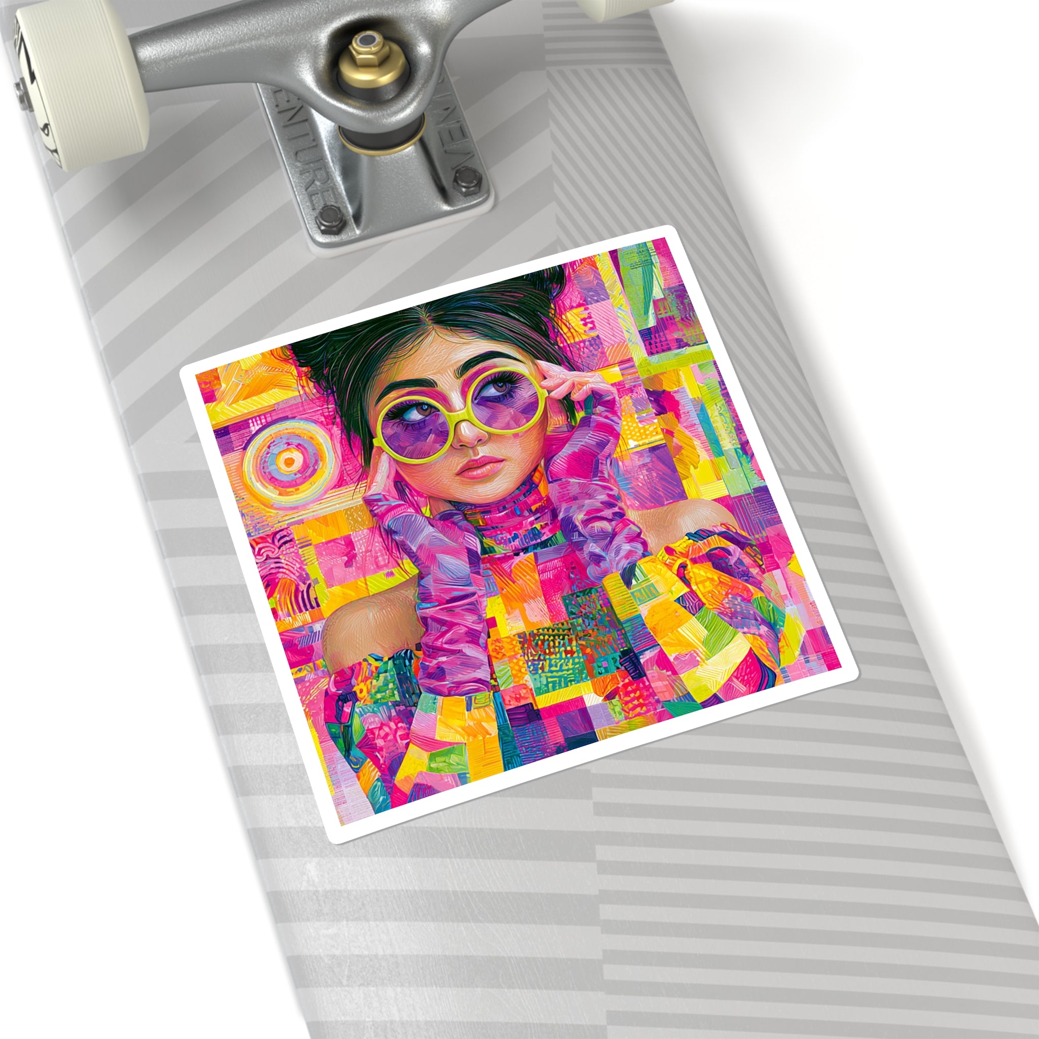 Vibrant Pop-Art Girl Square Sticker — Colorful Retro Sunglasses Laptop Decal