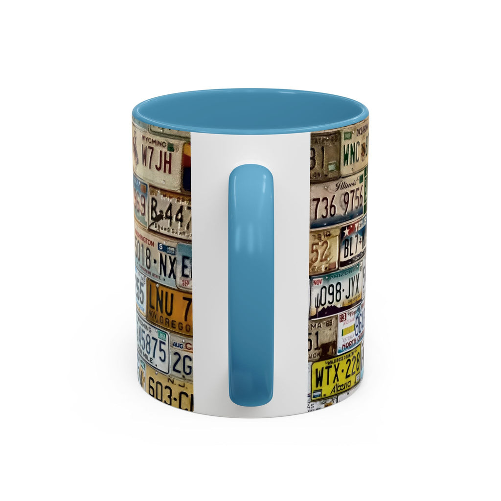 License Plate Collage Coffee Mug — Route 66, Vintage Road Trip Accent Mug