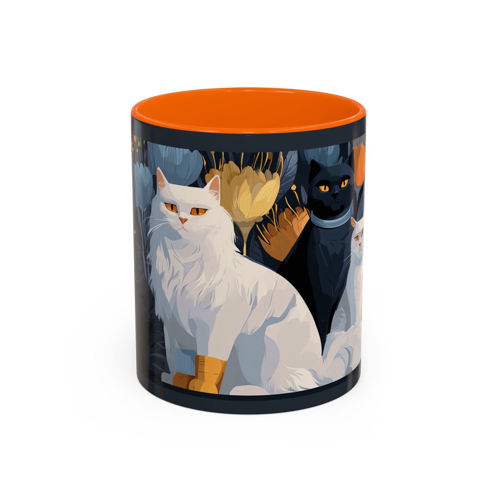 Cat Pattern Accent Coffee Mug — Illustrated Cats Floral Night Design (11/15oz)