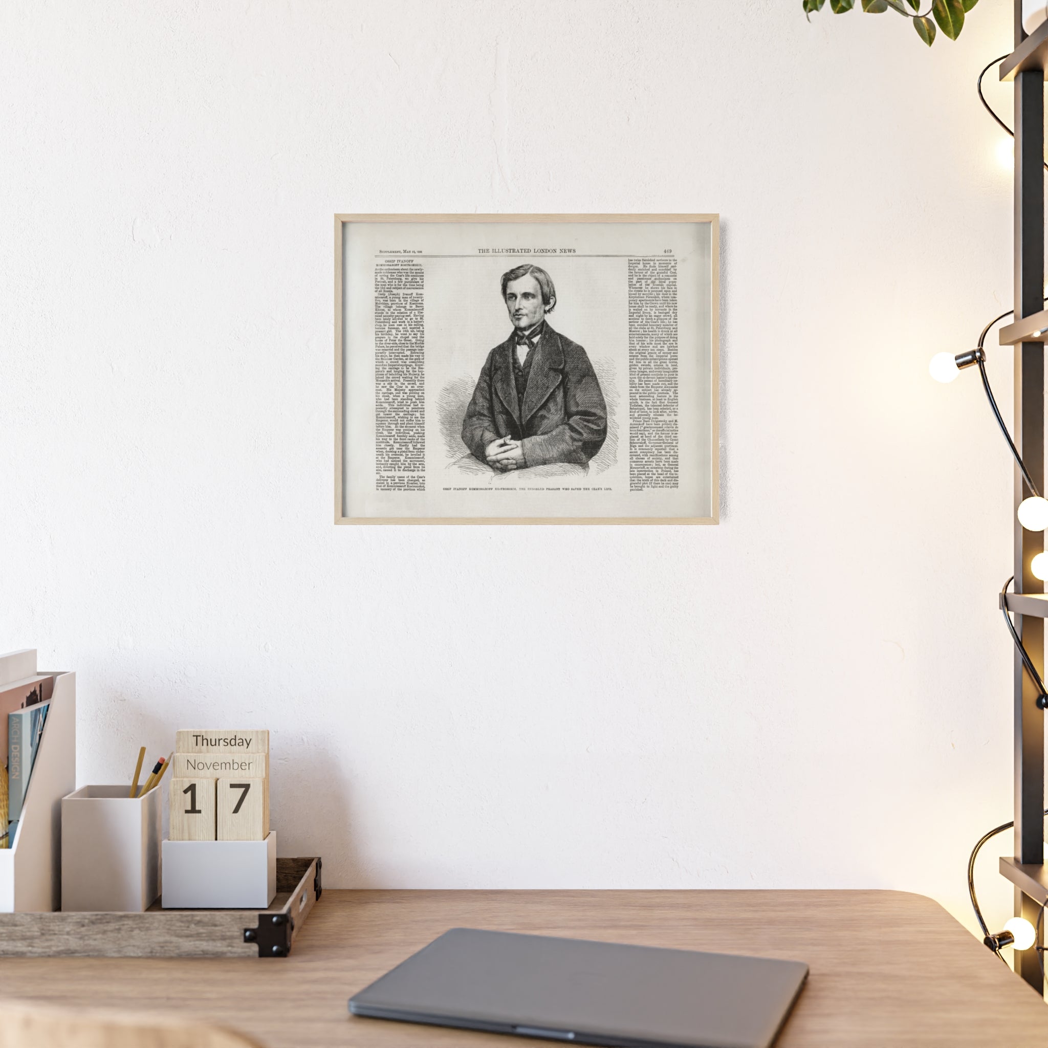 OSSIP IVANOFF, the peasant who saved the CZAR's Life. Vintage Illustrated Portrait Poster with Wooden Frame — Antique Newspaper Art Print
