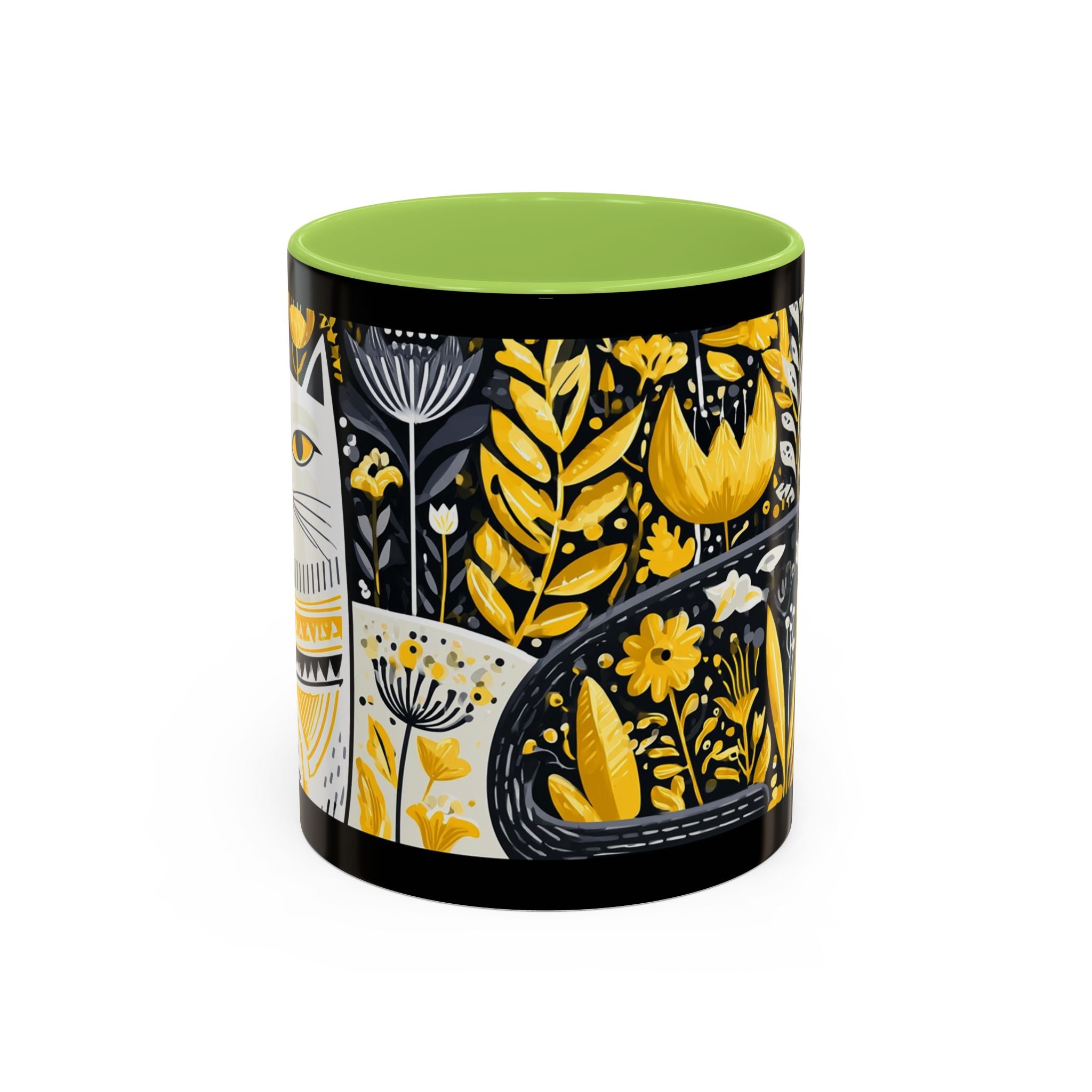 Black & Gold Cat Floral Coffee Mug — Whimsical Botanical Cat Accent Mug (11/15oz)