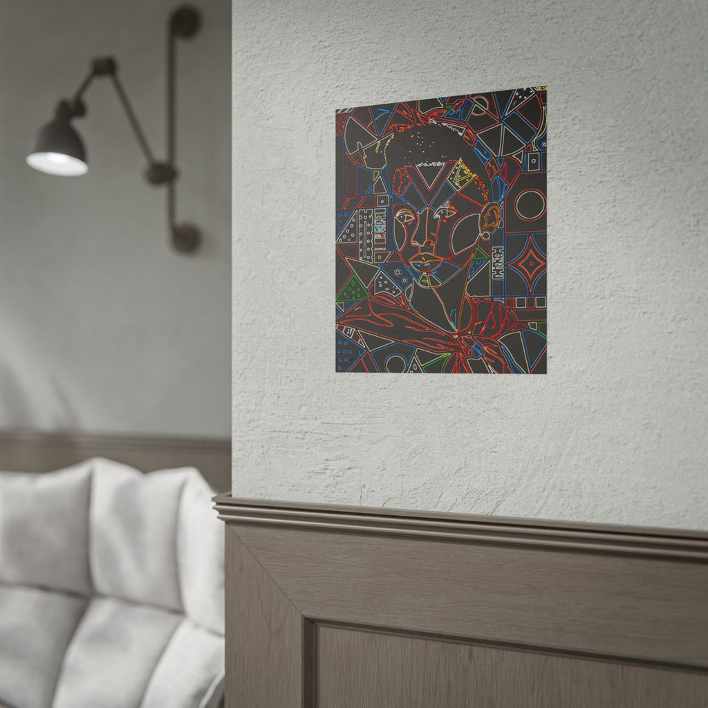 Neon Line Art Portrait Poster — Afro Futurism Geometric Wall Art (Rolled)