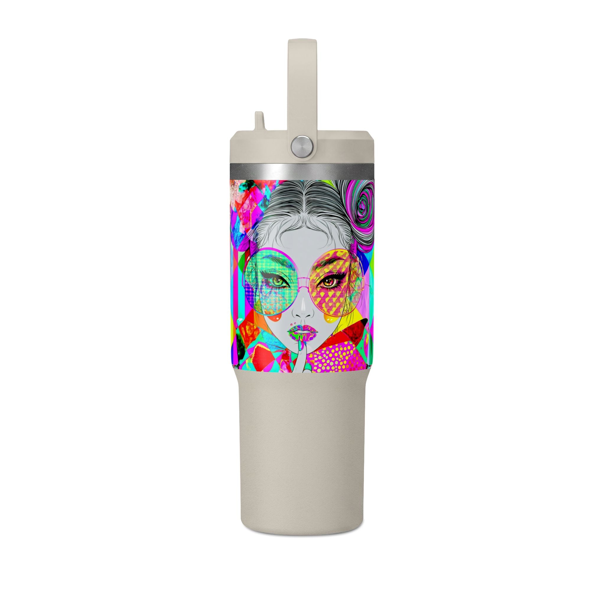 Colorful Pop Art Travel Tumbler – 32oz Nomad Insulated Cup with Retro Sunglasses Design