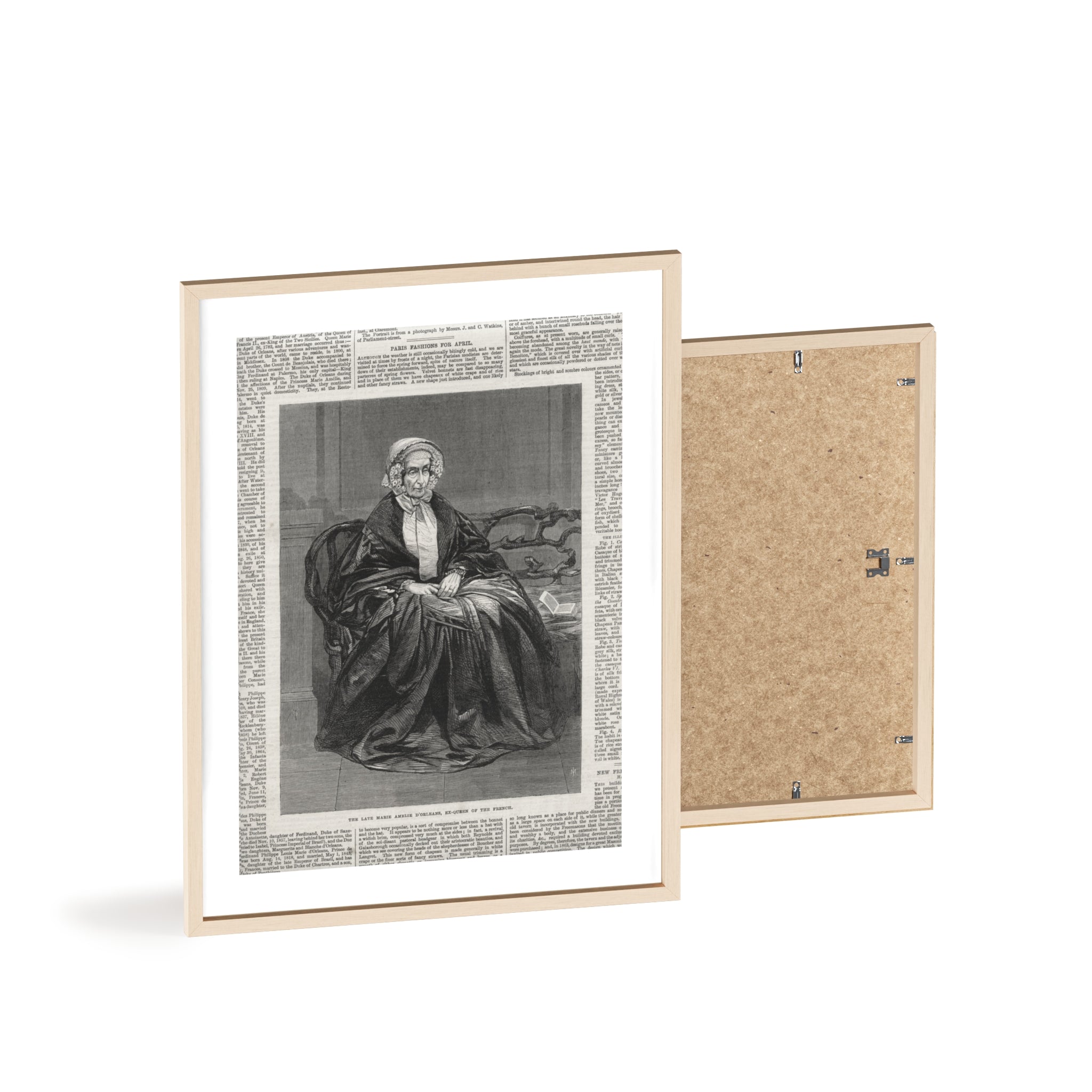 The Late Marie Amelie D'Orleans, Ex-Queen of the French. Vintage Portrait Newspaper Art Poster with Black Wooden Frame