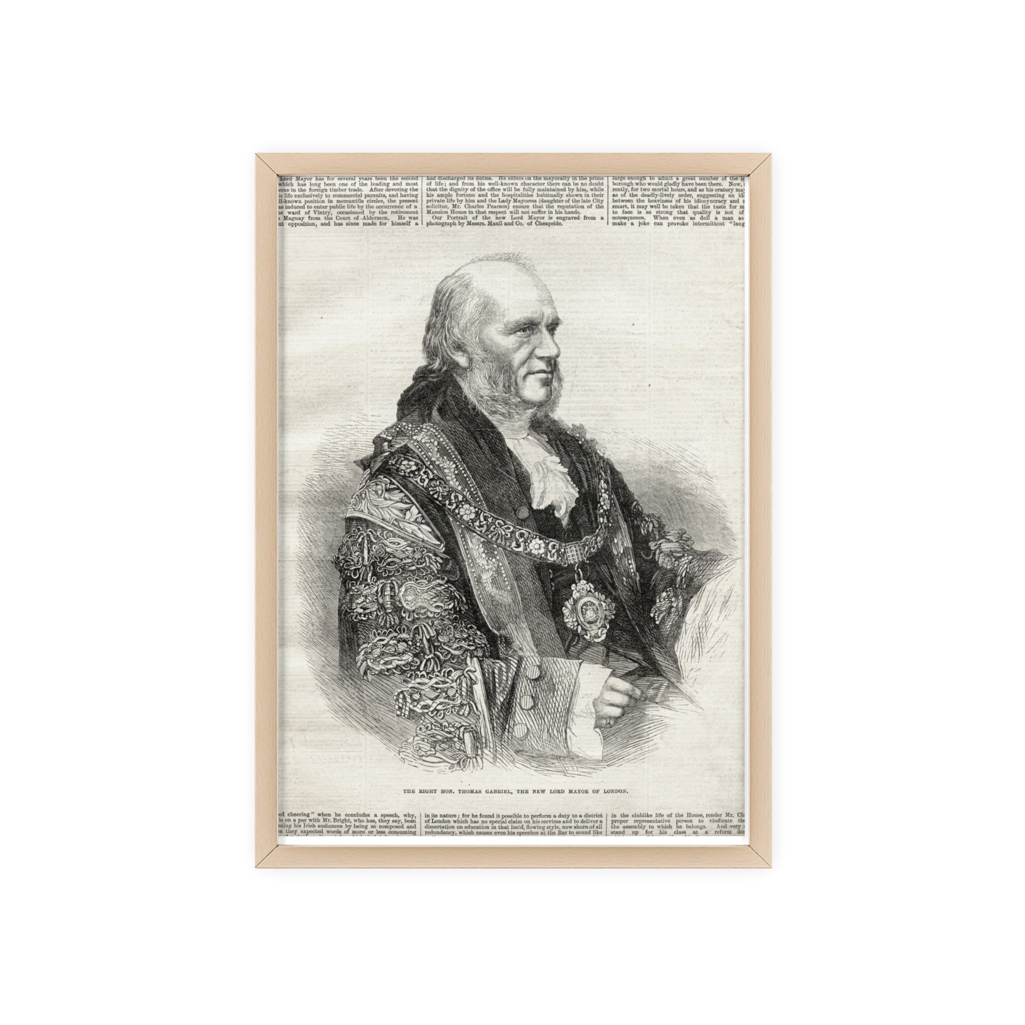 The Right Hon.Thomas Gabriel, the New Lord Mayor of London. Vintage Illustrated Statesman Poster with Black Wooden Frame