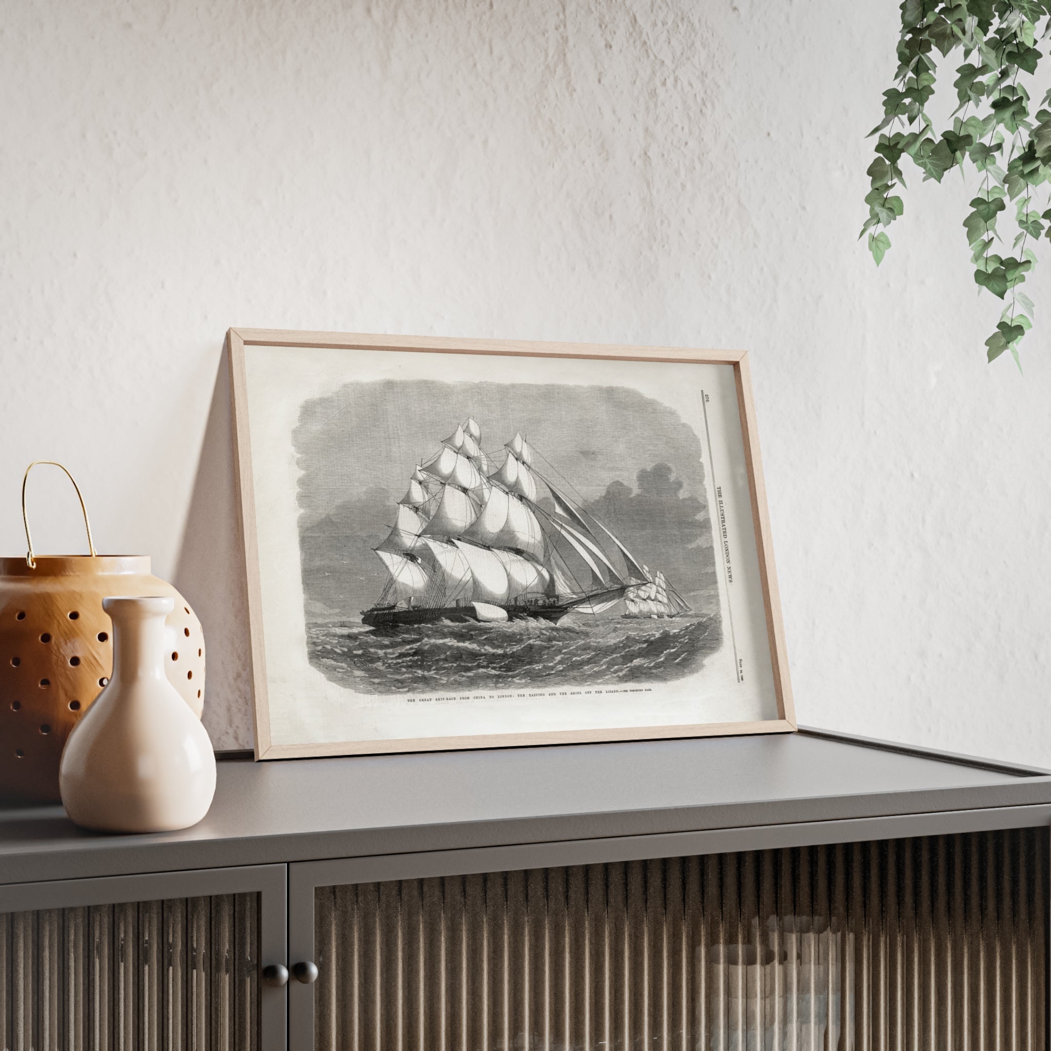The Great Ship-Race from China to London. Vintage Sailing Ship Wall Poster with Wooden Frame – Nautical Marine Print