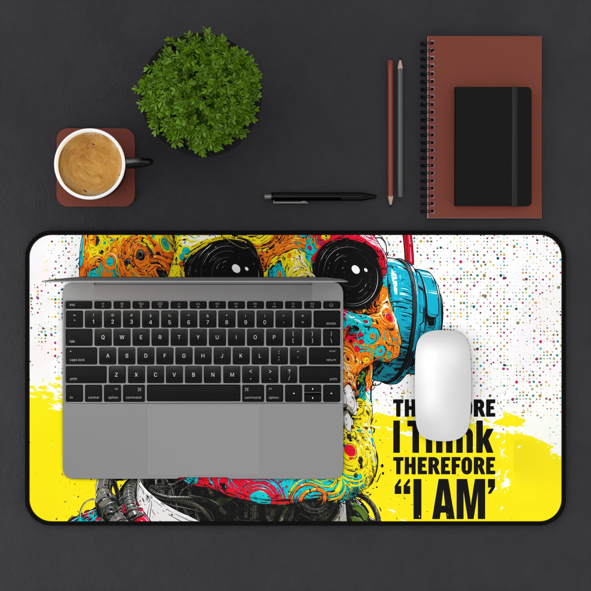 Colorful Skull Desk Mat — "I Doubt Therefore I Think I Am" Gaming Mouse Pad