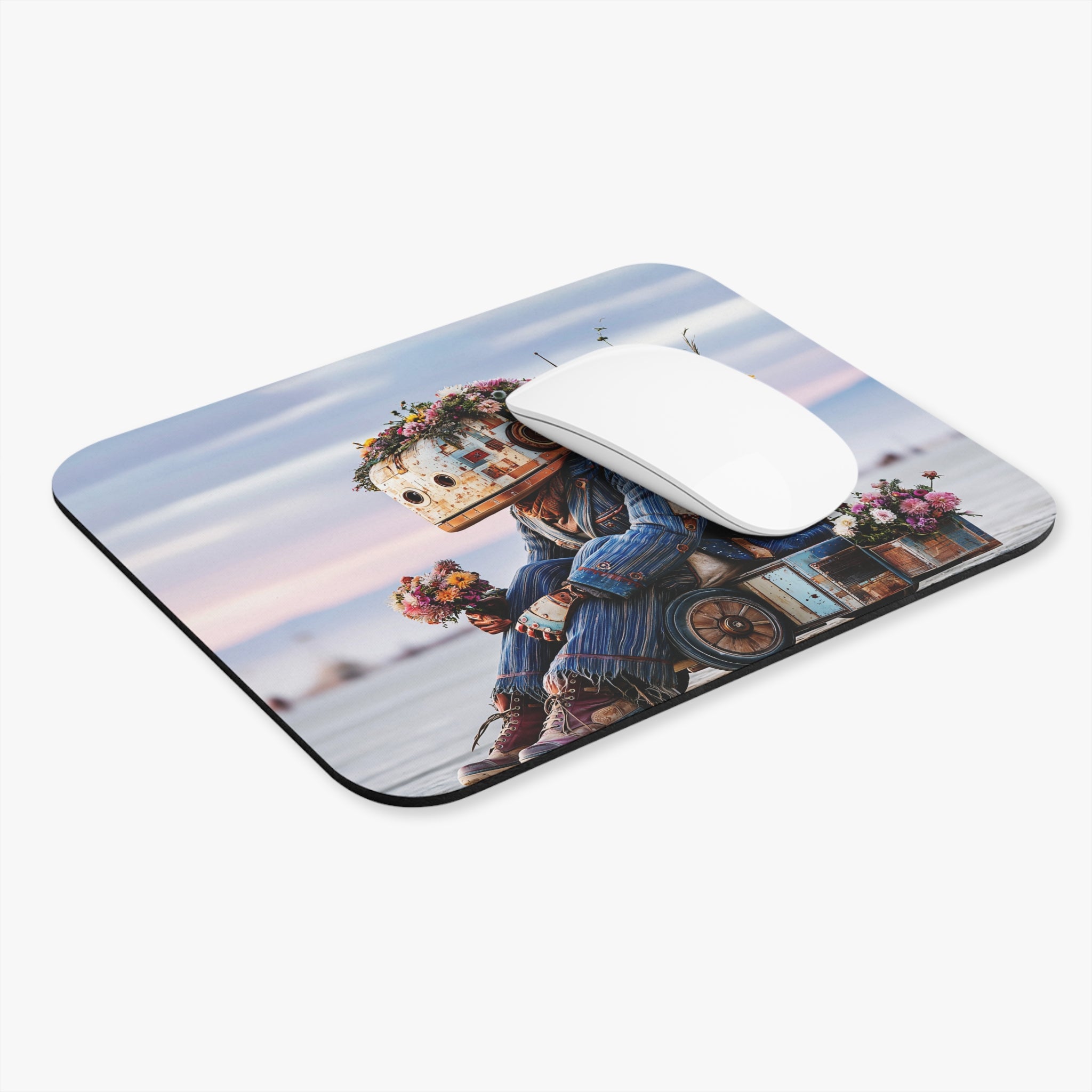 Retro Robot with Flowers Mouse Pad — Whimsical Sci‑Fi Desk Mat