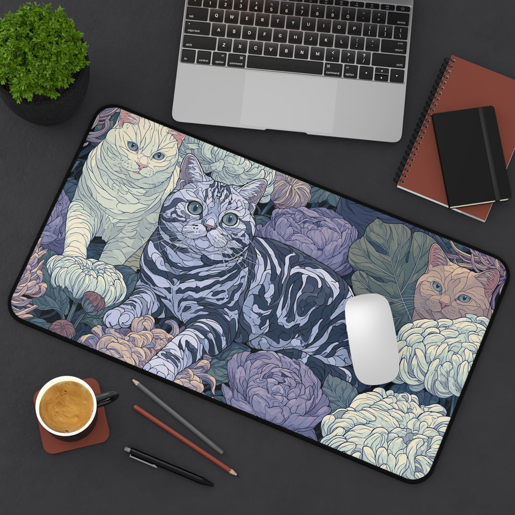 Floral Cats Desk Mat — Vintage Botanical Cat Mousepad for Home Office