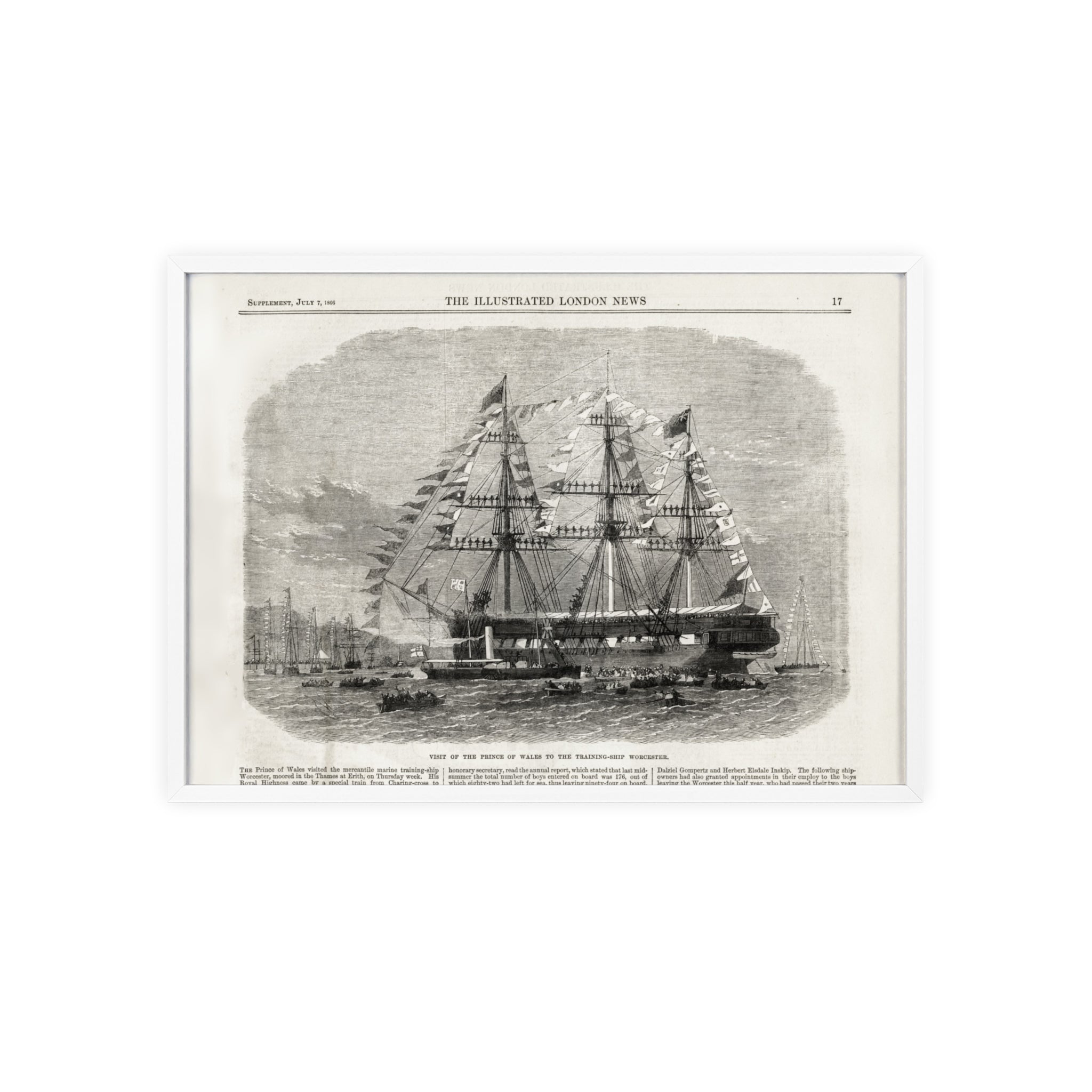 Visit of the Prince of Wales to the Training-Ship Worcester. Framed Vintage Sailing Ship Poster — Nautical Wall Art with Wooden Frame