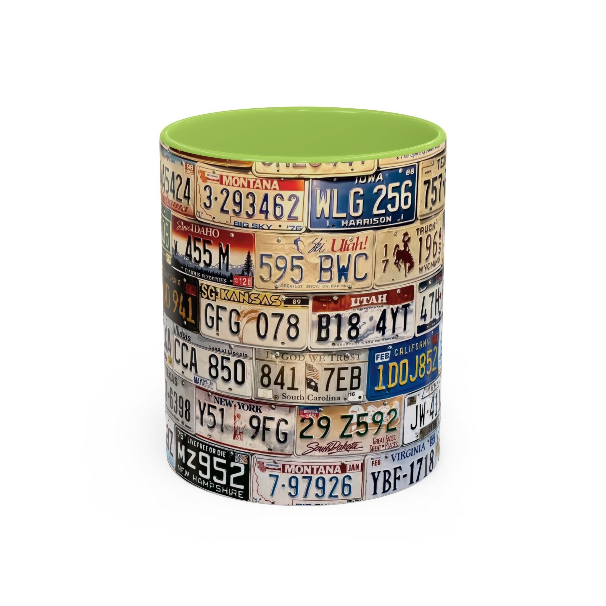 License Plate Collage Coffee Mug — Route 66, Vintage Road Trip Accent Mug