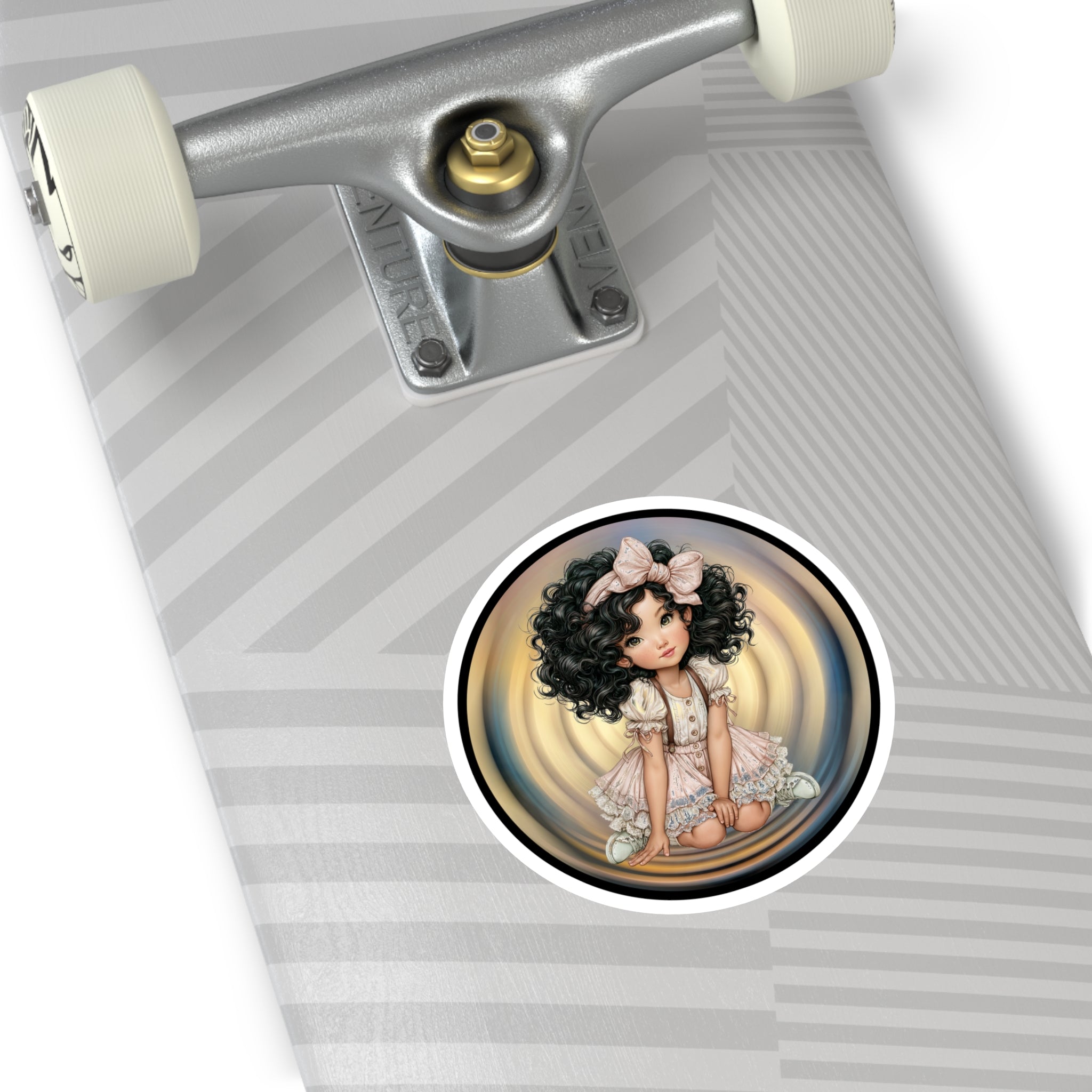 Cute Curly-Haired Doll Round Sticker — Indoor/Outdoor Vinyl Laptop Decal