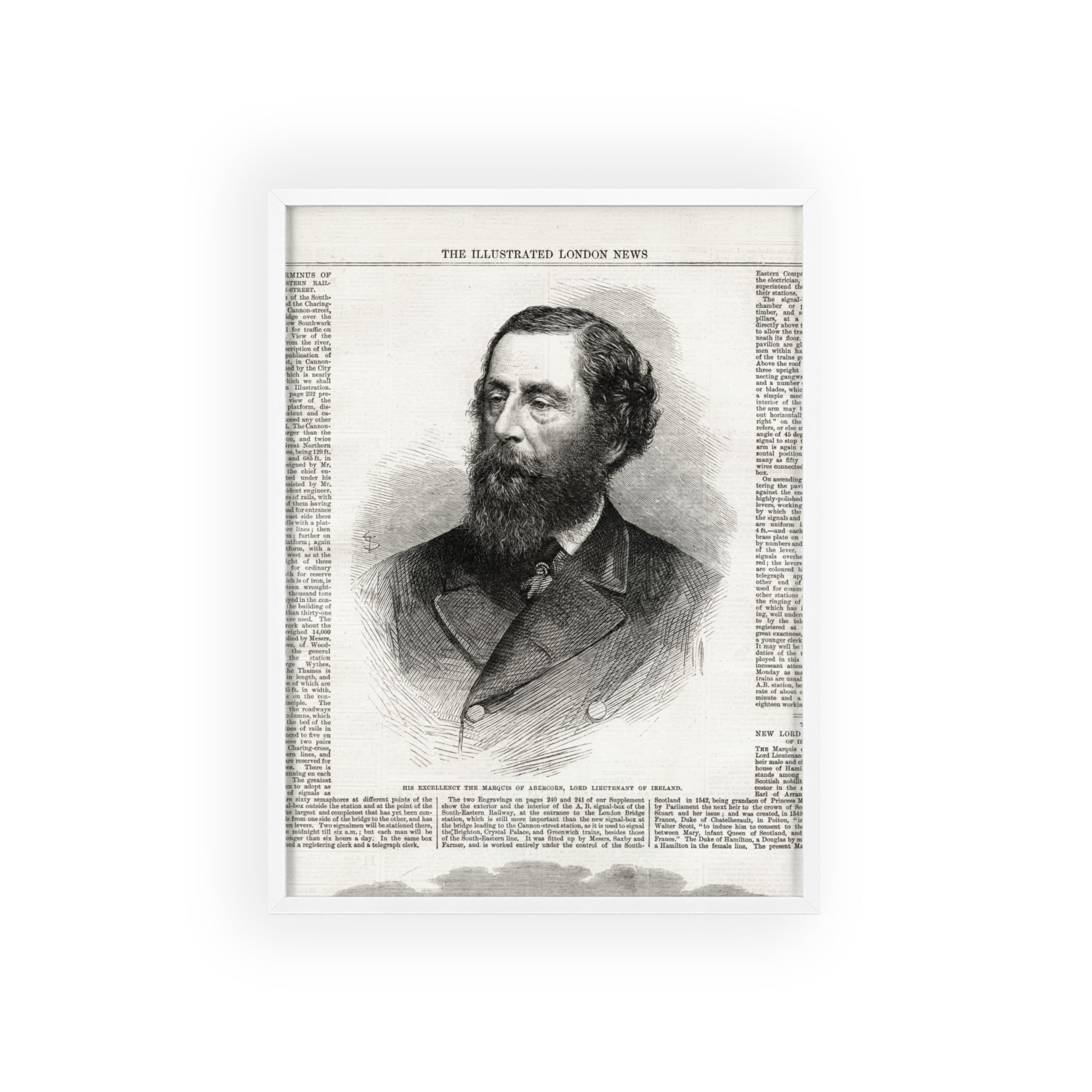 His Excellency the Marquis of Abercorn, Lord Lieutenant of Ireland. Vintage Illustrated Portrait Poster with Wooden Frame — Antique Newspaper Print