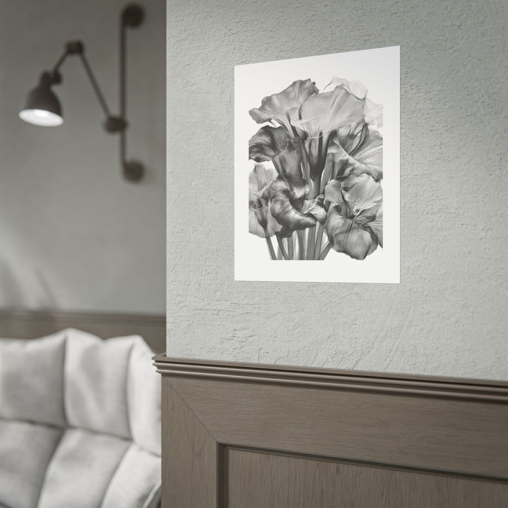 Black & White Iris Botanical Poster — Monochrome Floral Wall Art (Rolled Poster)