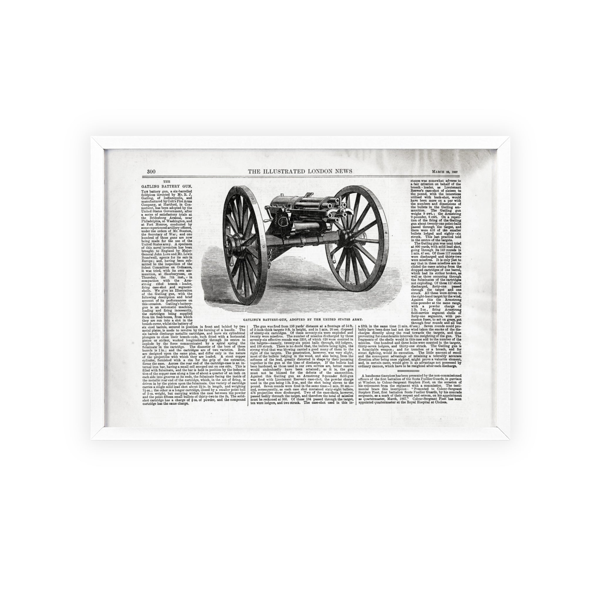 GATLING'S Battery-Gun, adopted by the United States Army. Vintage Cannon Patent Poster with Wooden Frame – Antique Engineering Print