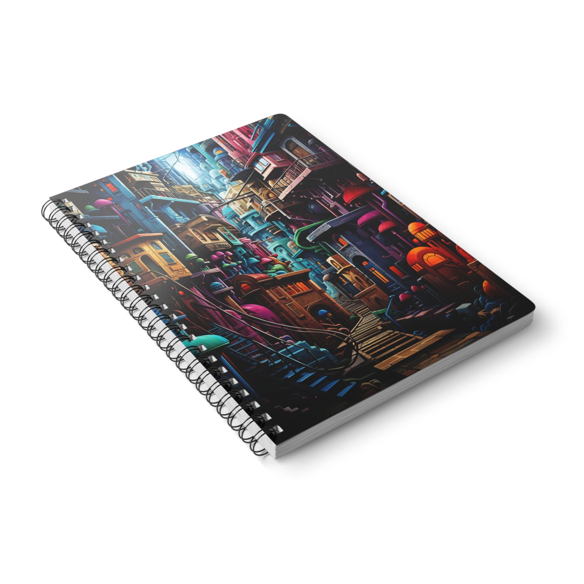 A5 Wirobound Notebook — Colorful Fantasy City Illustration, Lined Journal for Writers & Students