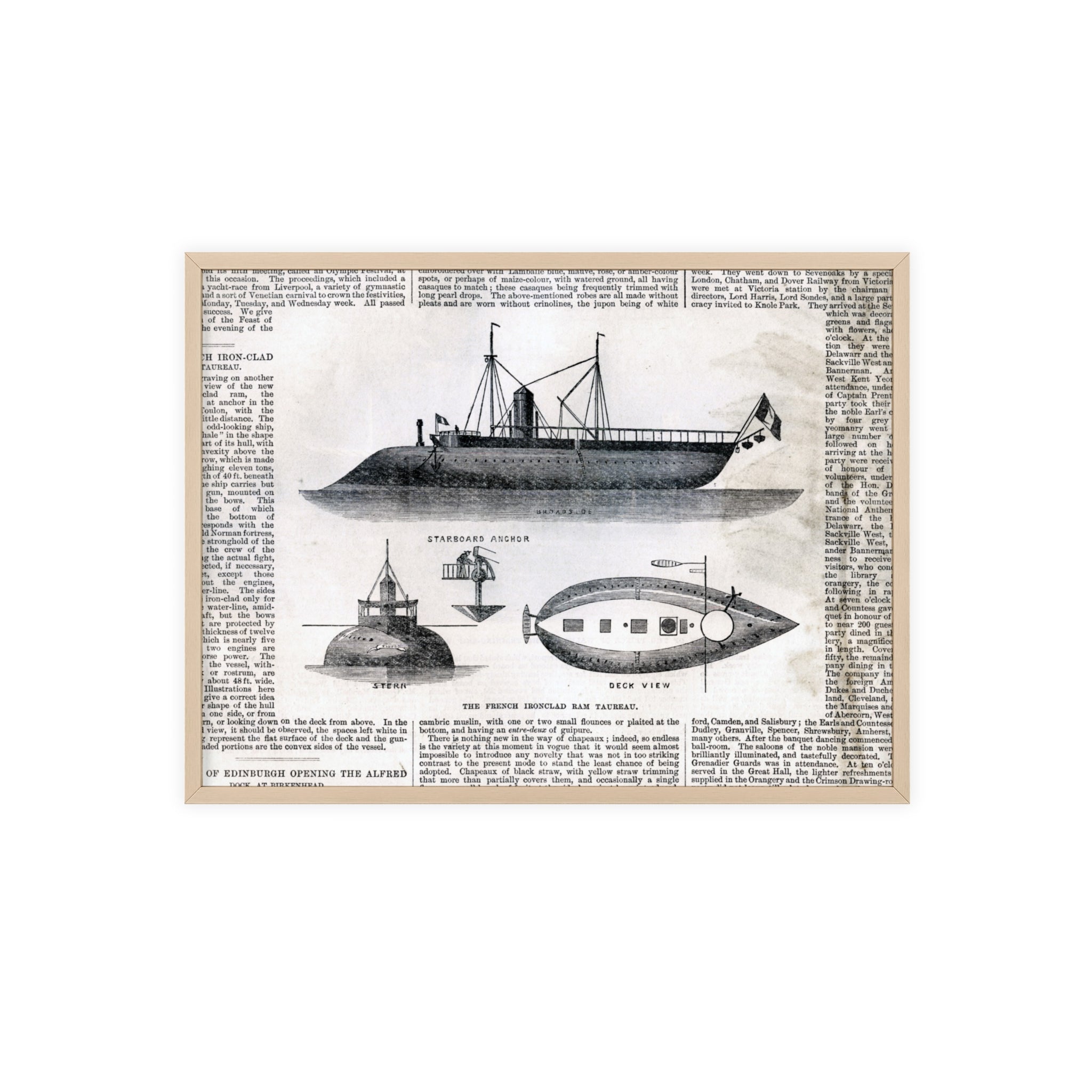 The French Ironclad RAM TAUREAU. Vintage Steamboat Patent Poster — Framed Nautical Wall Art