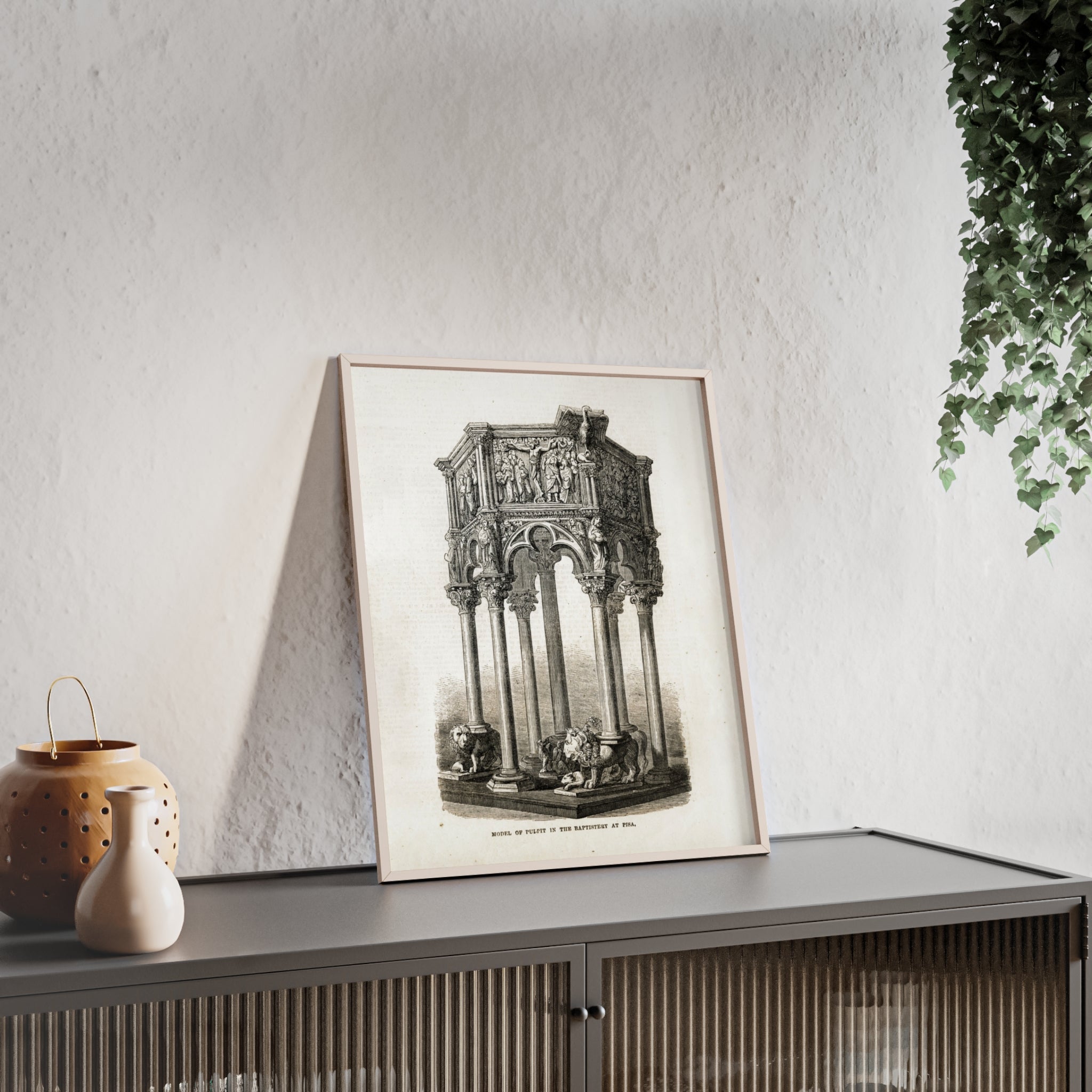 Model of Pulpit in the Baptistery at PISA. Antique Architectural Print Poster — Gothic Baptistery Illustration in Wooden Frame