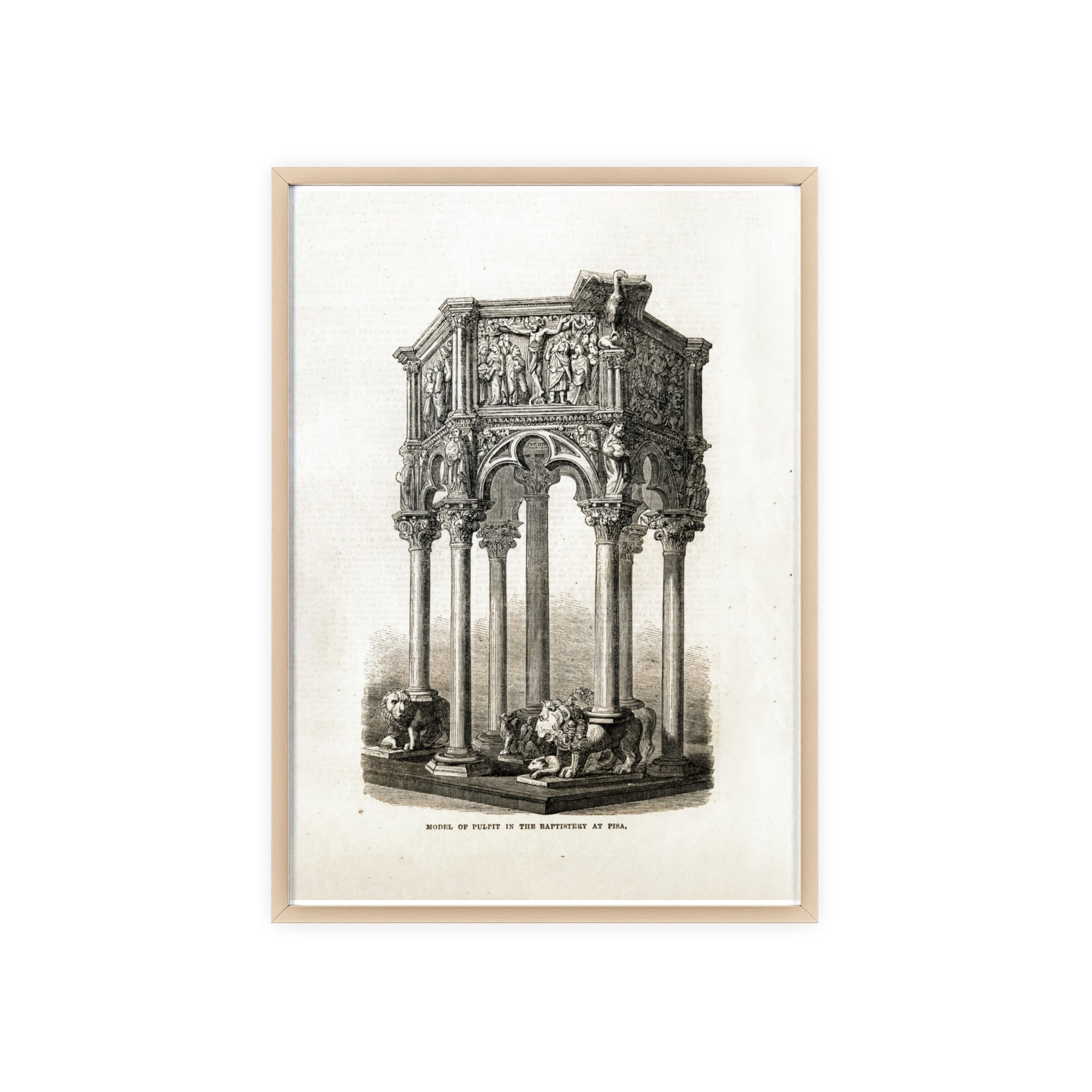 Model of Pulpit in the Baptistery at PISA. Antique Architectural Print Poster — Gothic Baptistery Illustration in Wooden Frame