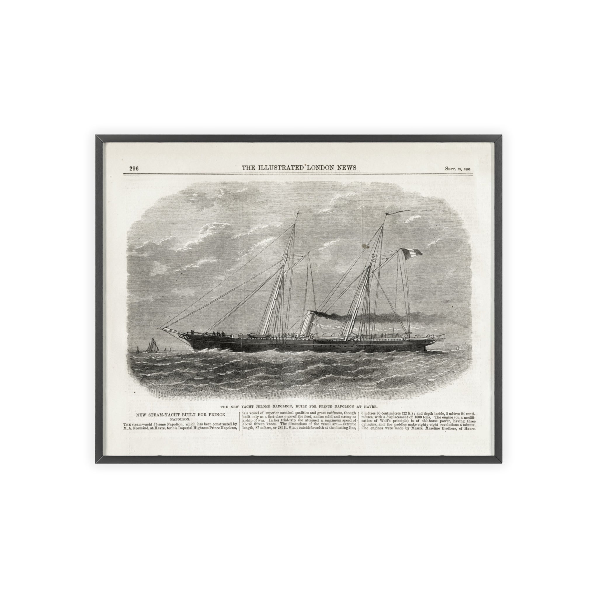 The New Yacht JEROME NAPOLEON, Built for Prince NAPOLEAN at Havre. Framed Vintage Ship Print Poster — Nautical Wall Art with Wooden Frame