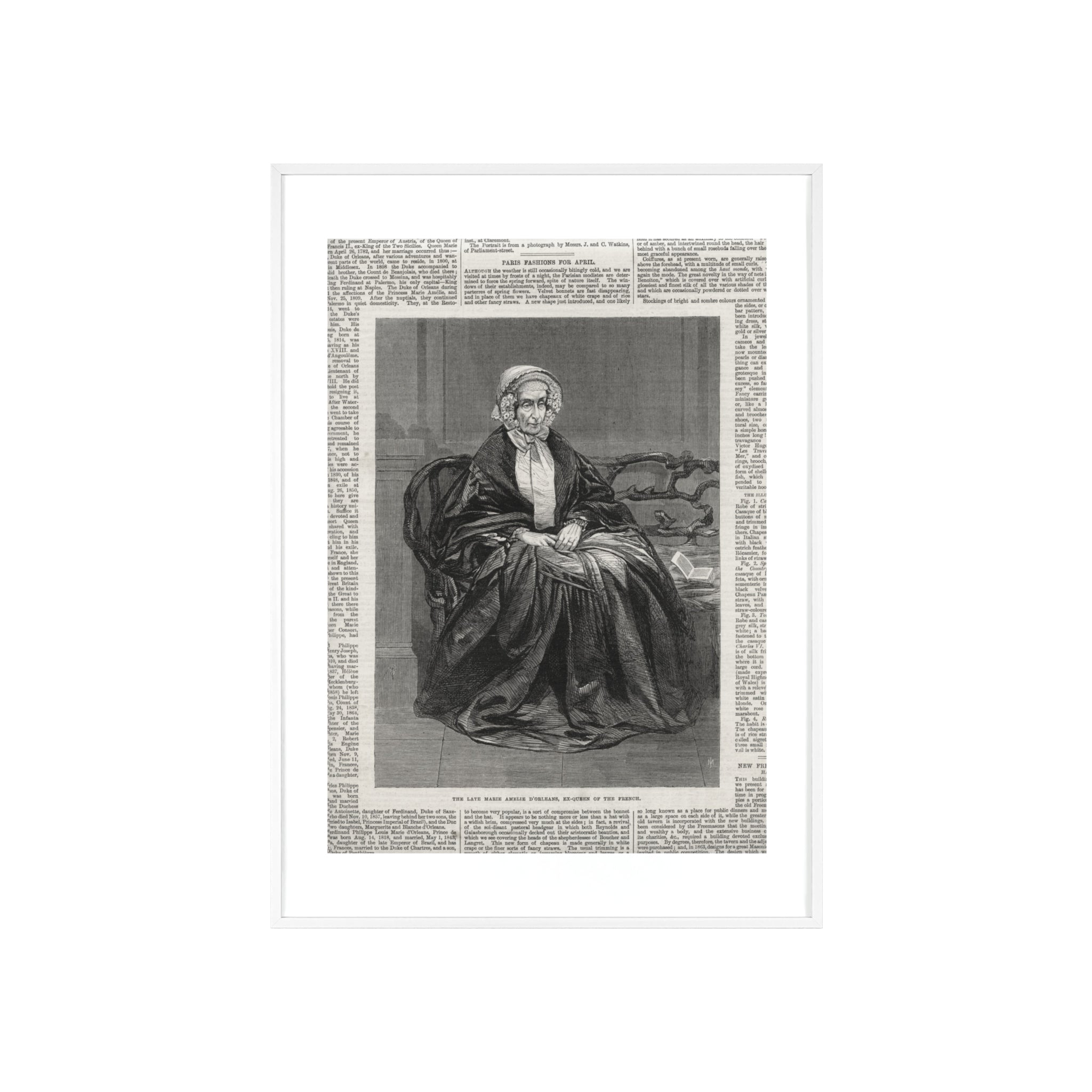 The Late Marie Amelie D'Orleans, Ex-Queen of the French. Vintage Portrait Newspaper Art Poster with Black Wooden Frame