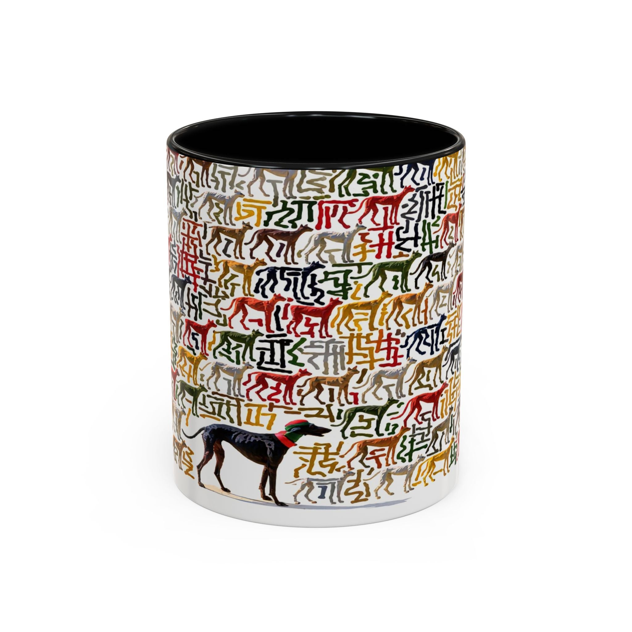 Greyhound Silhouette Accent Coffee Mug — Colorful Script Dog Pattern (11/15oz)
