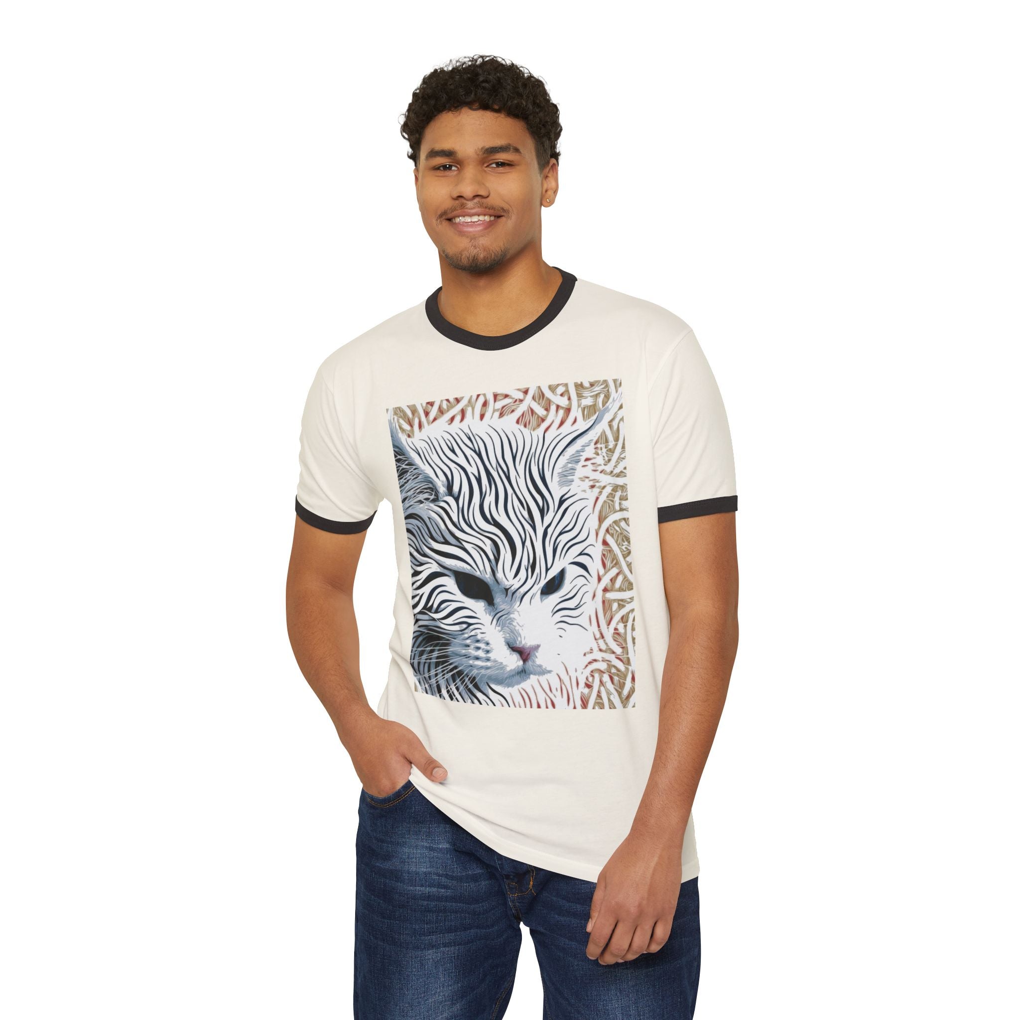 Cat Portrait Ringer Tee — Stylized Stripe-Faced Cat Graphic T-Shirt