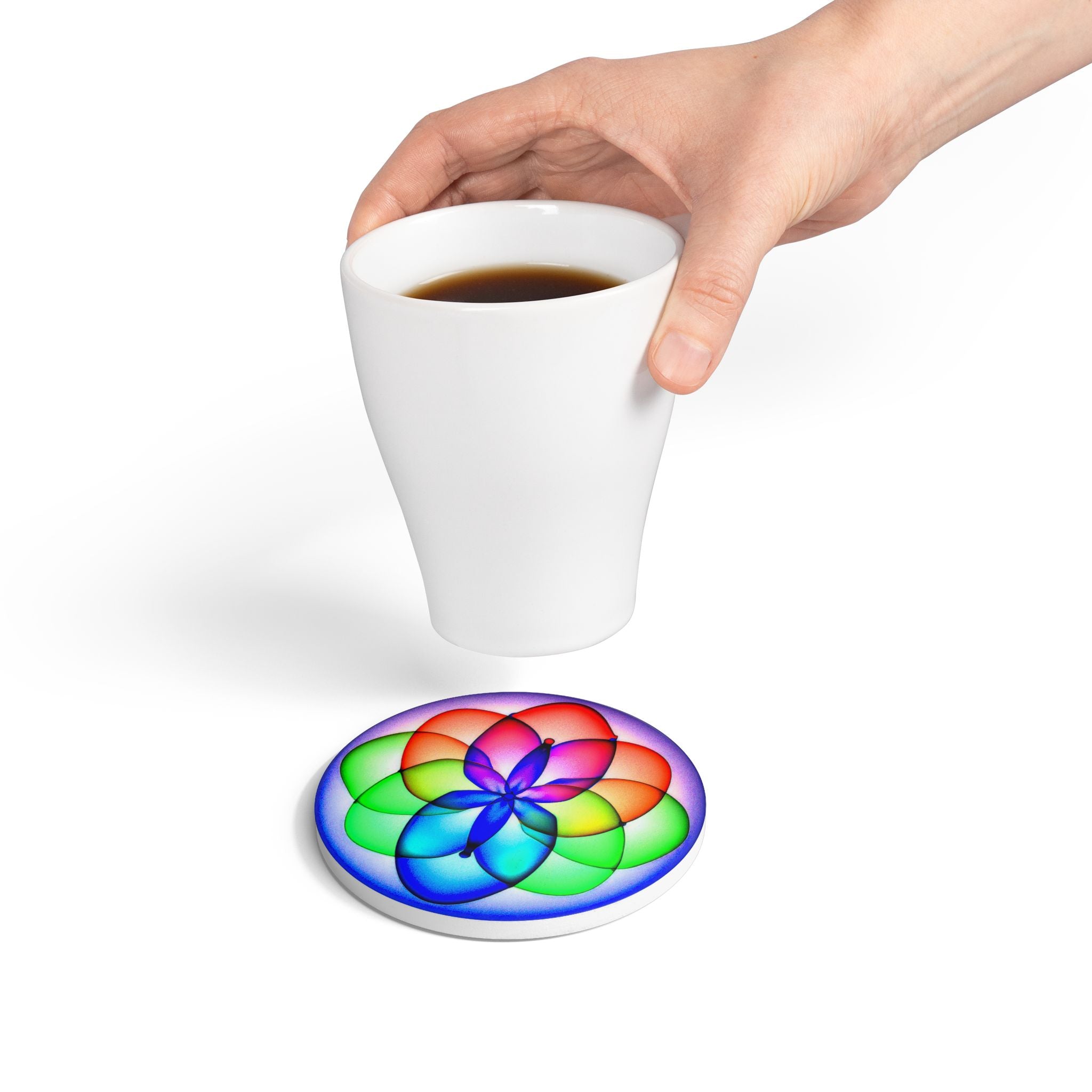 Psychedelic Mandala Ceramic Coaster — Rainbow Flower Pattern Drink Coaster