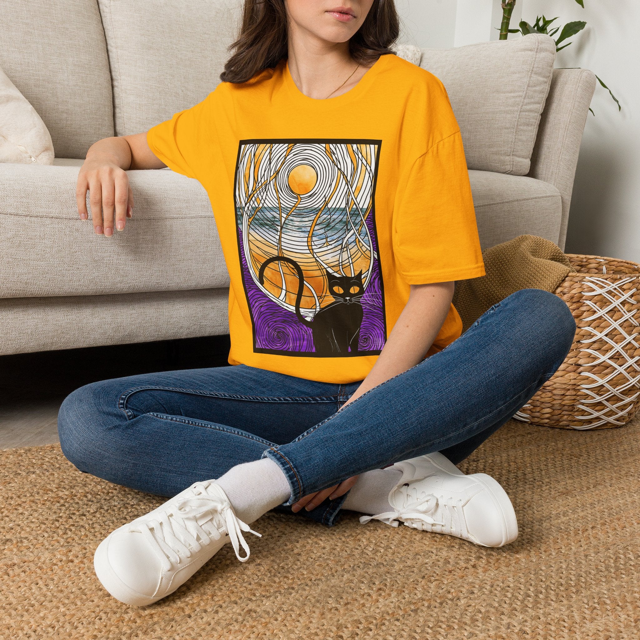 Sunlit Waves Art Tee — Black Cat & Golden Moon Graphic T-Shirt