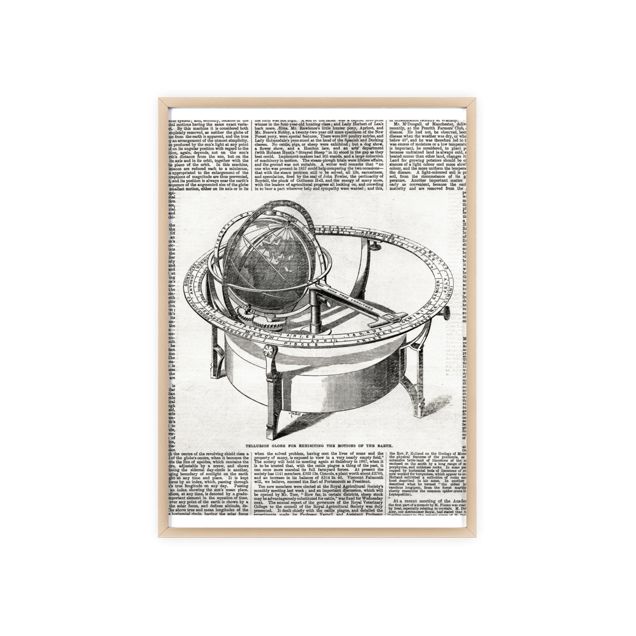 TELLURION GLOBE for Exhibiting the Motions of the Earth. Vintage Celestial Globe Poster with Wooden Frame — Antique Astronomy Wall Art