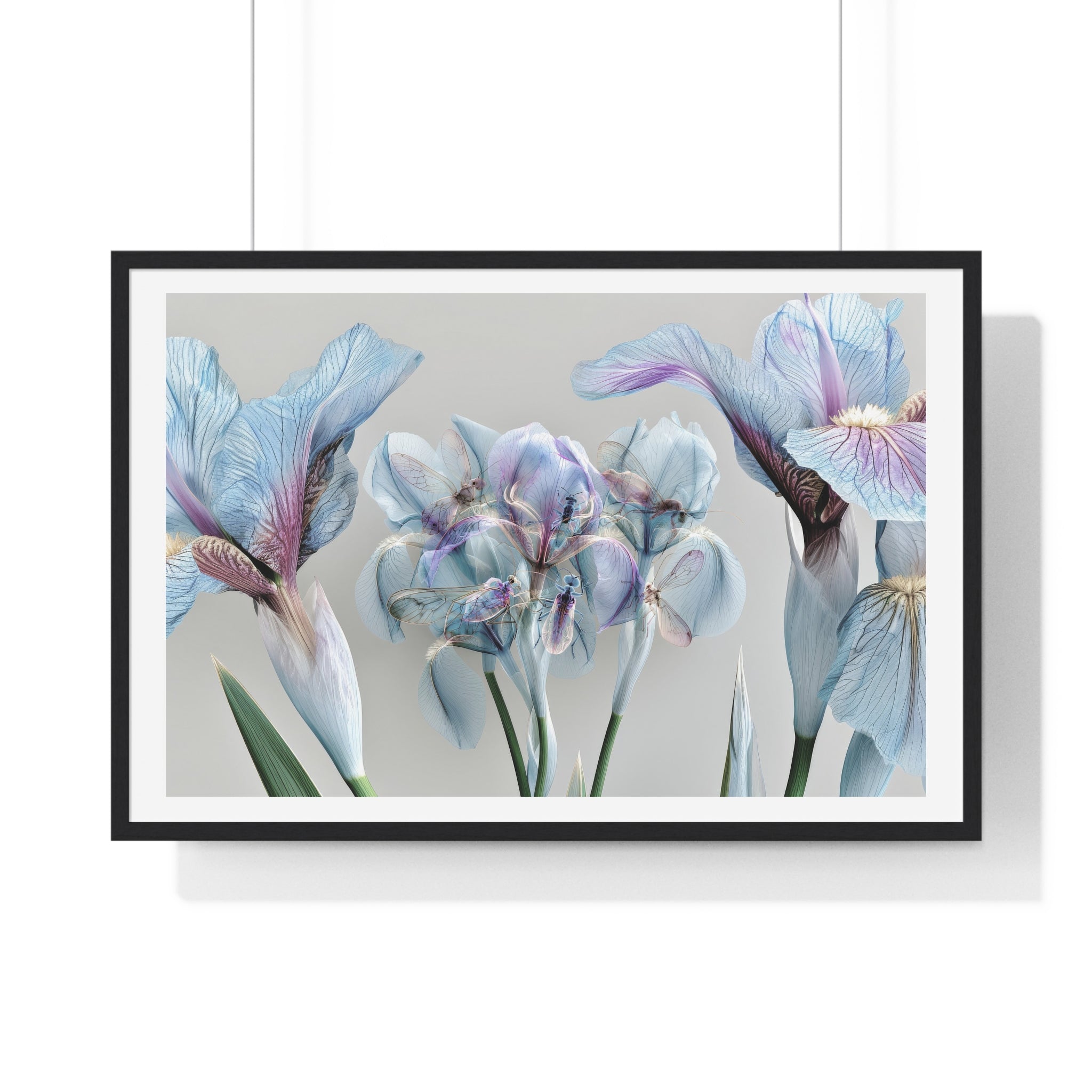 Botanical Iris Framed Poster — Soft Blue Floral Wall Art (Horizontal)