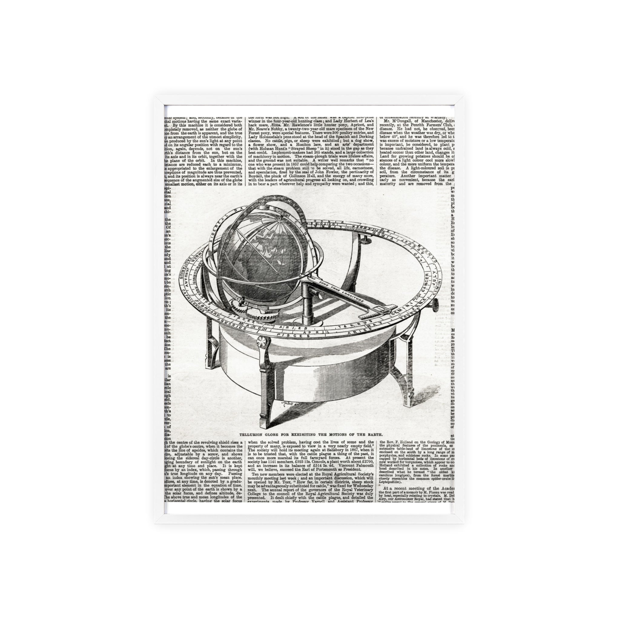TELLURION GLOBE for Exhibiting the Motions of the Earth. Vintage Celestial Globe Poster with Wooden Frame — Antique Astronomy Wall Art