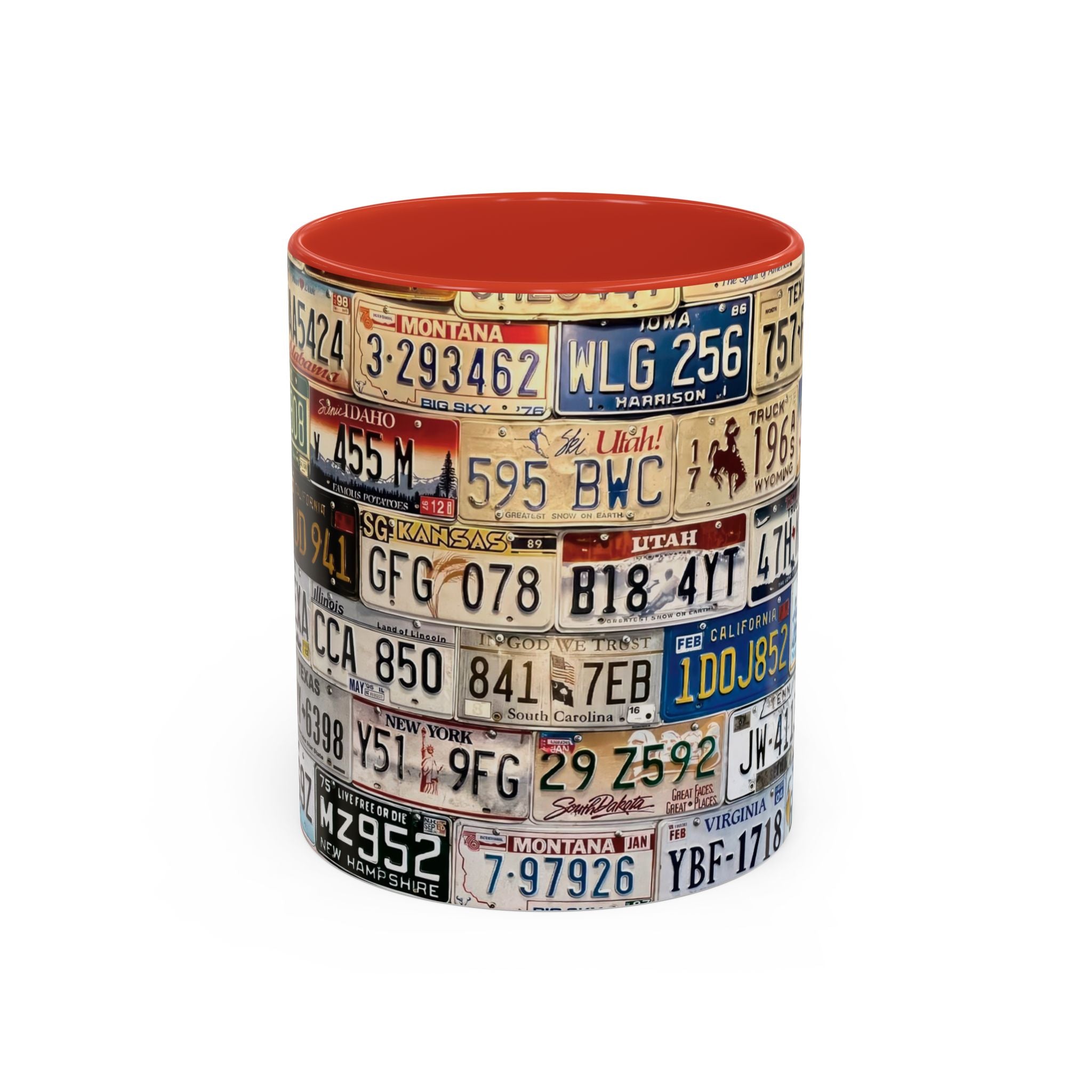 License Plate Collage Coffee Mug — Route 66, Vintage Road Trip Accent Mug