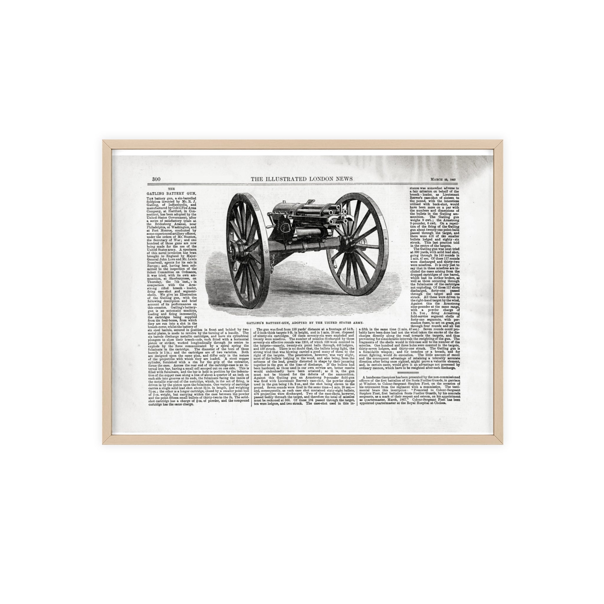 GATLING'S Battery-Gun, adopted by the United States Army. Vintage Cannon Patent Poster with Wooden Frame – Antique Engineering Print