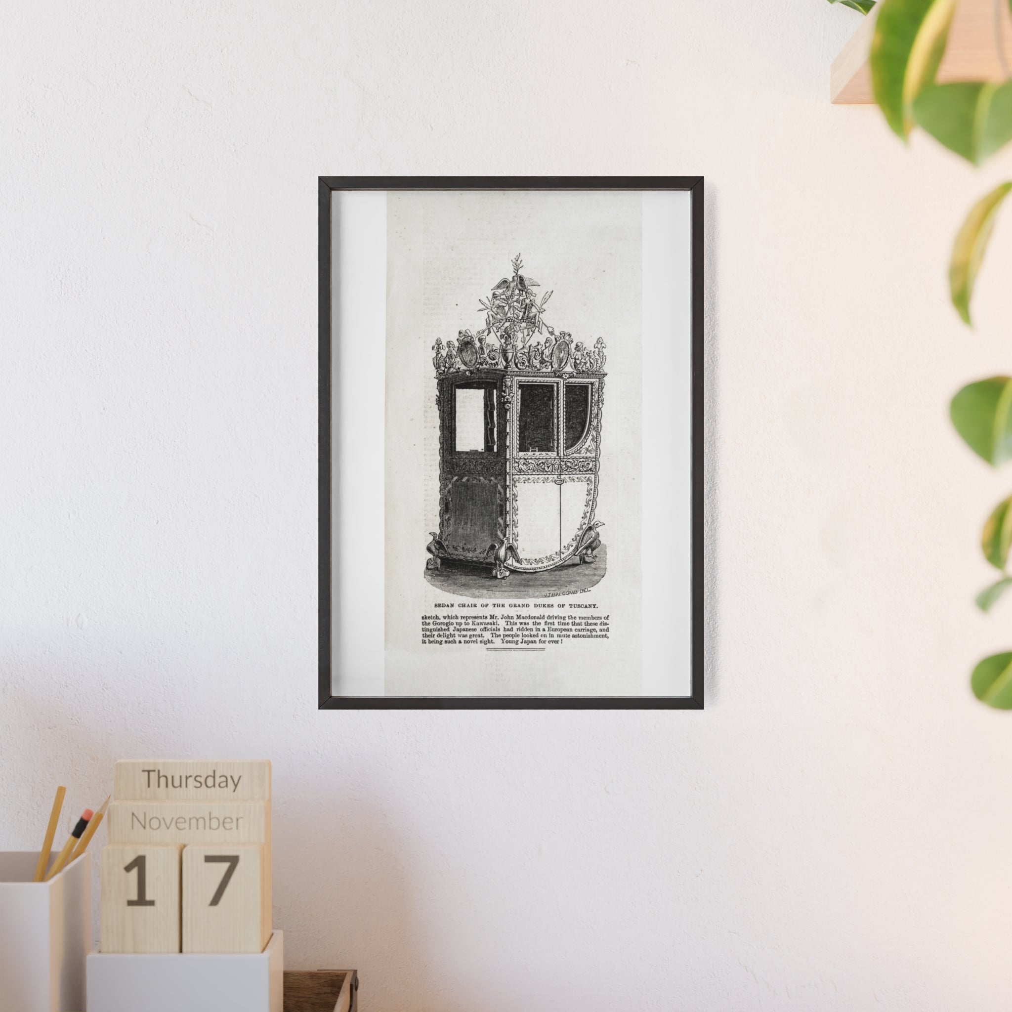 Chair of the GRAND DUKES of TUSCANY. Antique Carriage Print Poster with Wooden Frame — Vintage Engraving Wall Art