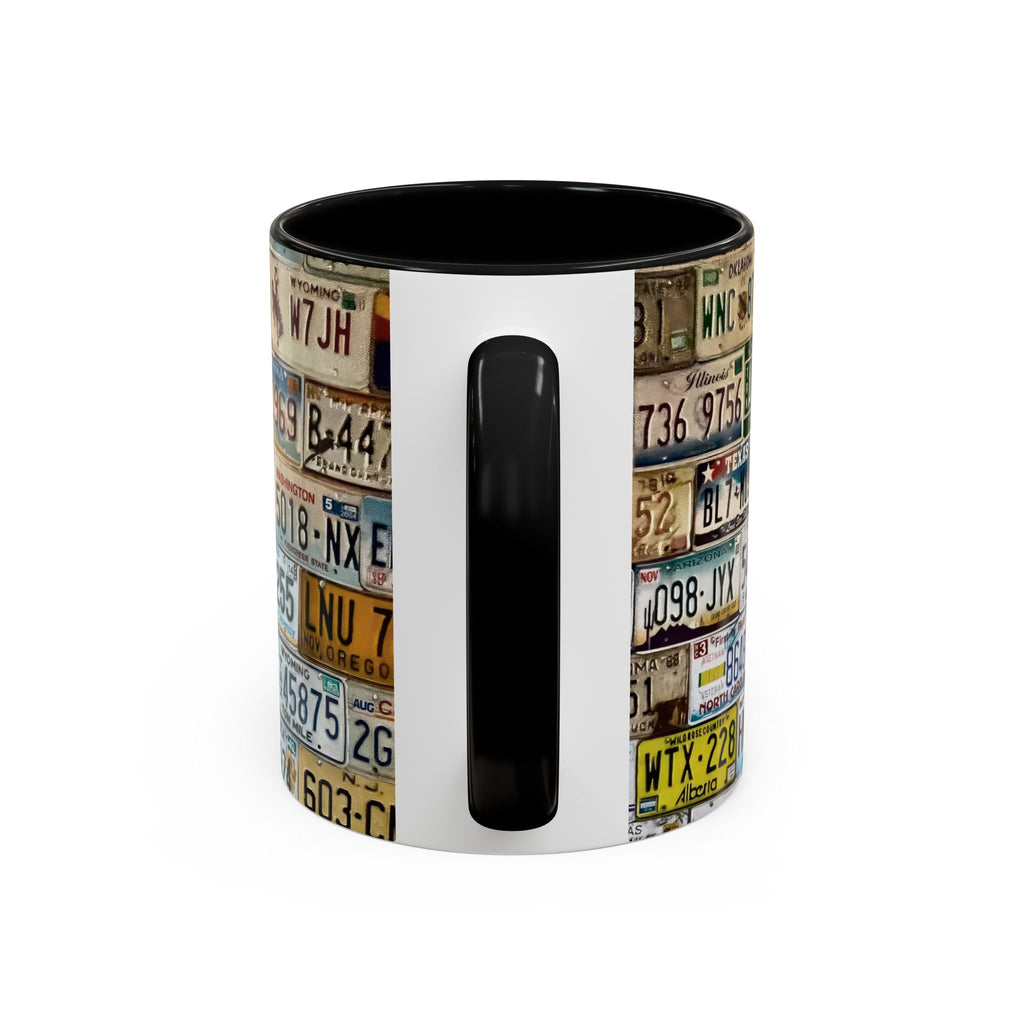 License Plate Collage Coffee Mug — Route 66, Vintage Road Trip Accent Mug