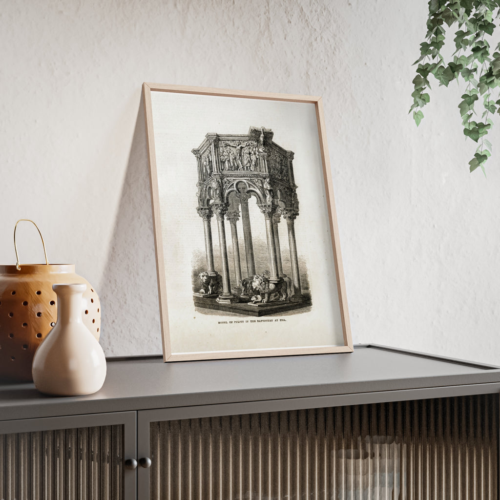 Model of Pulpit in the Baptistery at PISA. Antique Architectural Print Poster — Gothic Baptistery Illustration in Wooden Frame