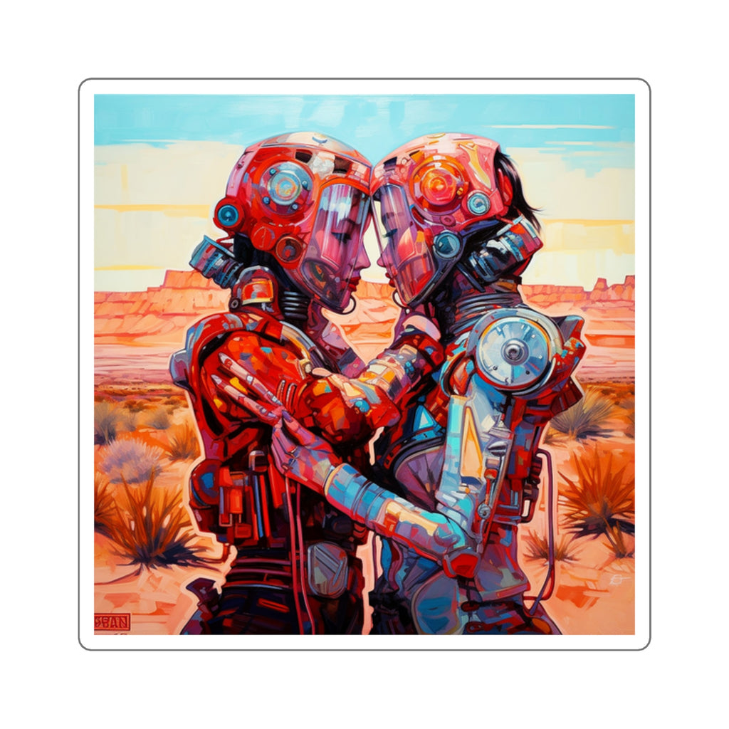 Square Sticker — Retro Futuristic Robots Embrace (Colorful Sci‑Fi Art)