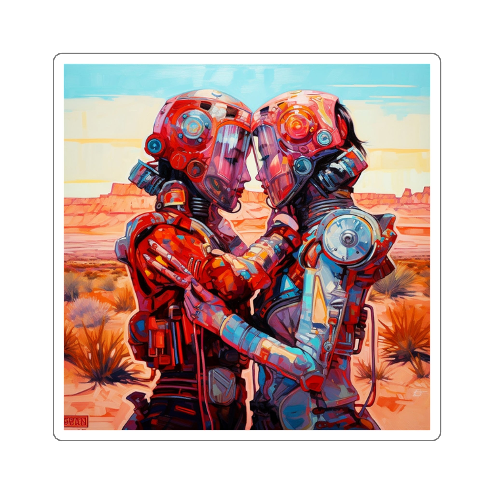 Square Sticker — Retro Futuristic Robots Embrace (Colorful Sci‑Fi Art)