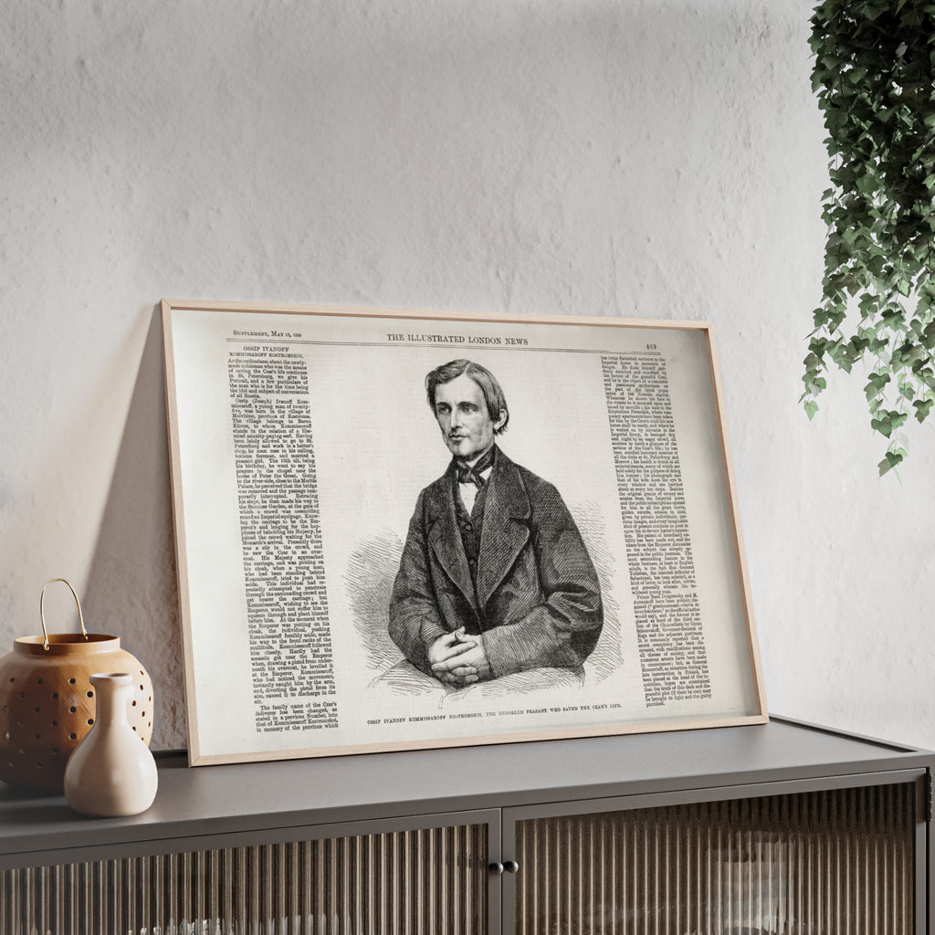 OSSIP IVANOFF, the peasant who saved the CZAR's Life. Vintage Illustrated Portrait Poster with Wooden Frame — Antique Newspaper Art Print