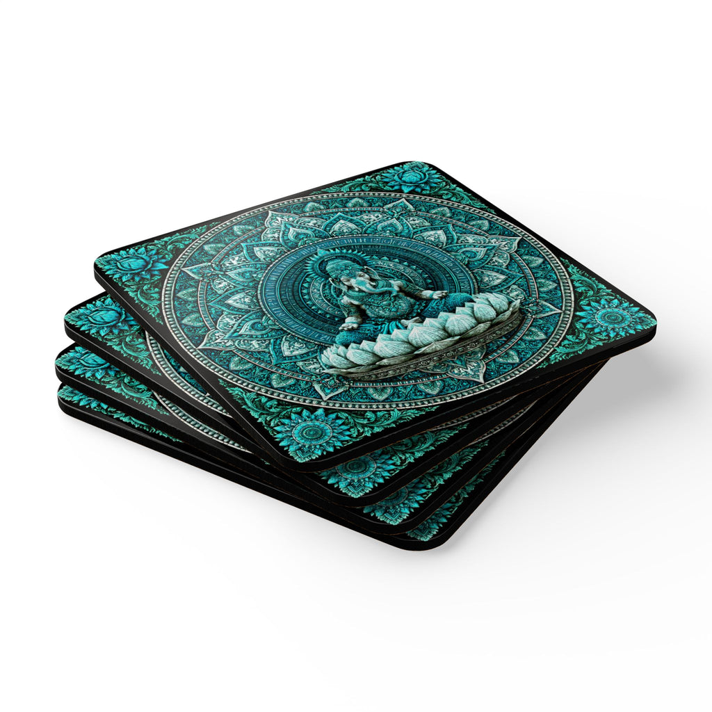 Teal Ganesha Mandala Cork Coaster Set — Boho Spiritual Drink Coasters (4-Pack)