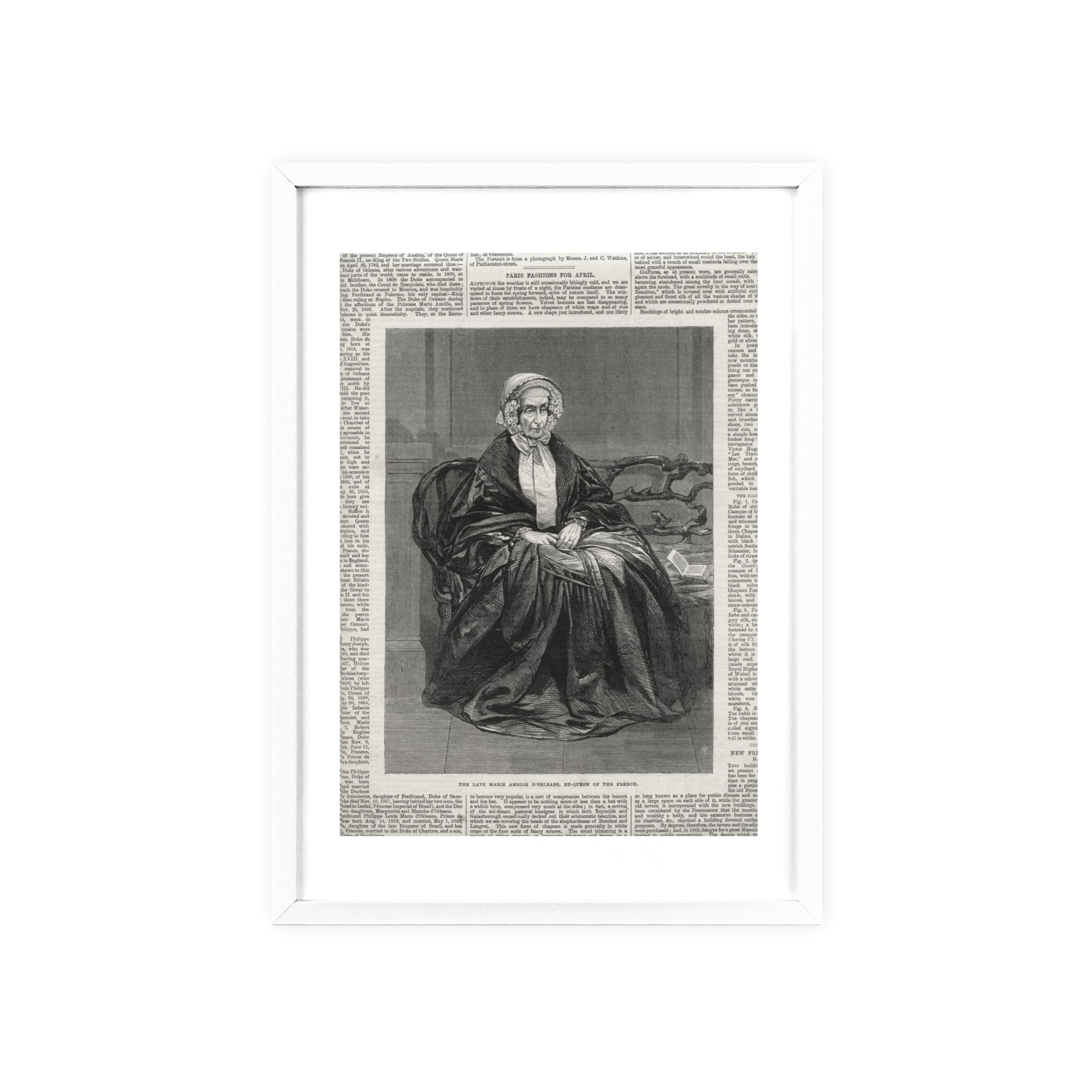 The Late Marie Amelie D'Orleans, Ex-Queen of the French. Vintage Portrait Newspaper Art Poster with Black Wooden Frame