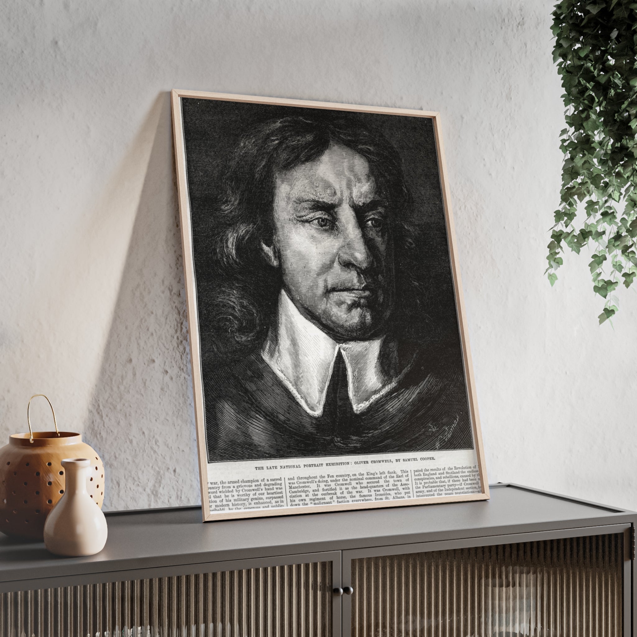 OLIVER CROMWELL. Historical Portrait Poster with Wooden Frame — Vintage Chalk-Style Print